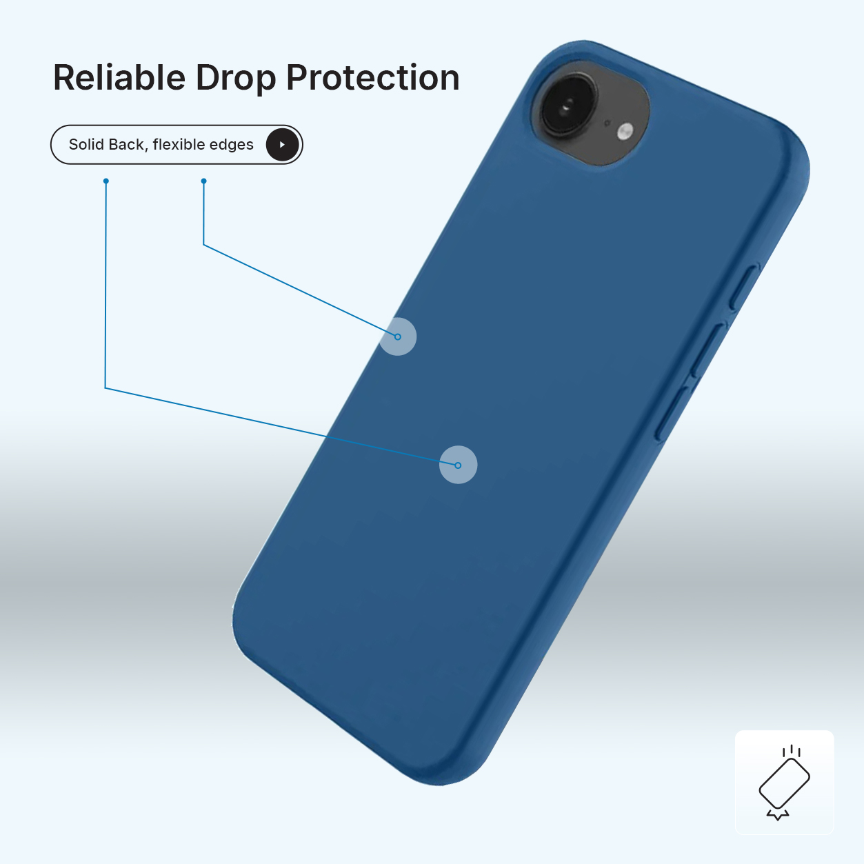Een blauwe telefoonhoes met een camera-uitsparing, zijknoppen en de tekst 'Reliable Drop Protection'. De hoes heeft flexibele randen.