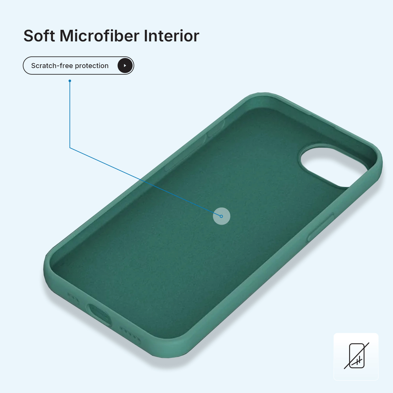 De binnenkant van een groene telefoonhoes wordt getoond. Het heeft een zachte microvezel binnenkant en krasvrije bescherming. Een diagram wijst naar de hoes.