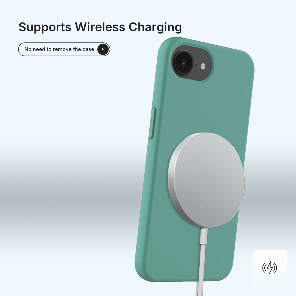 Een blauwgroene telefoon in een hoesje met een zilveren oplaadpad. Tekst: 'Ondersteunt draadloos opladen'.