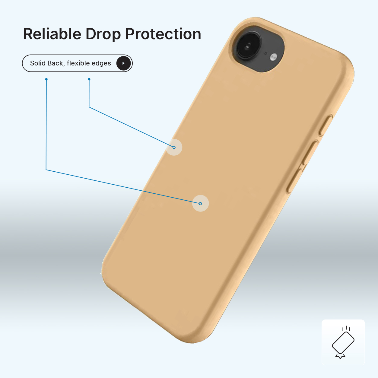 Een bruin telefoonhoesje met zwarte cameralens en volumeknoppen, met de woorden 'Reliable Drop Protection' erboven.