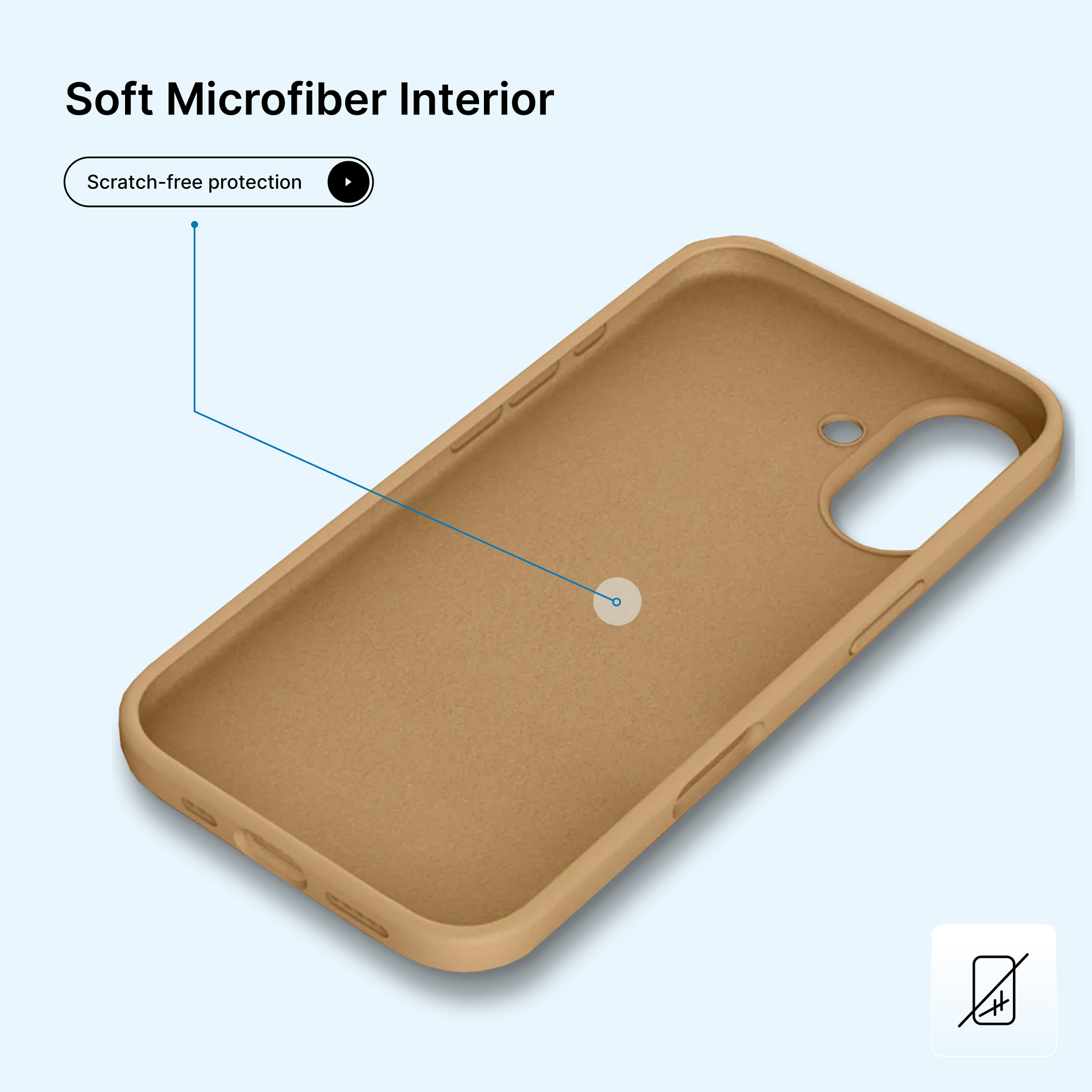 Een telefoonhoesje, bruin interieur, met de woorden 'Soft Microfiber Interior' en 'Scratch-free protection'.