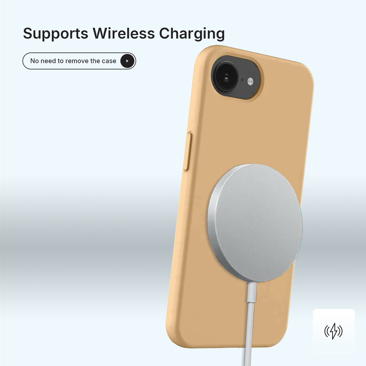 Een telefoon in een gele hoes met een zilveren draadloze oplader. Tekst: Ondersteunt draadloos opladen.
