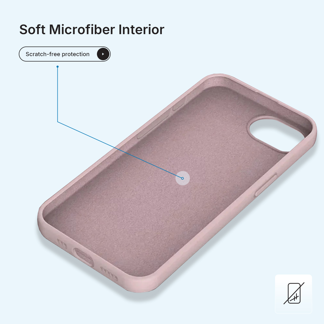 Roze telefoonhoesje binnenkant met tekst 'Soft Microfiber Interior' en 'Scratch-free protection'. Een diagram toont een zacht interieur.