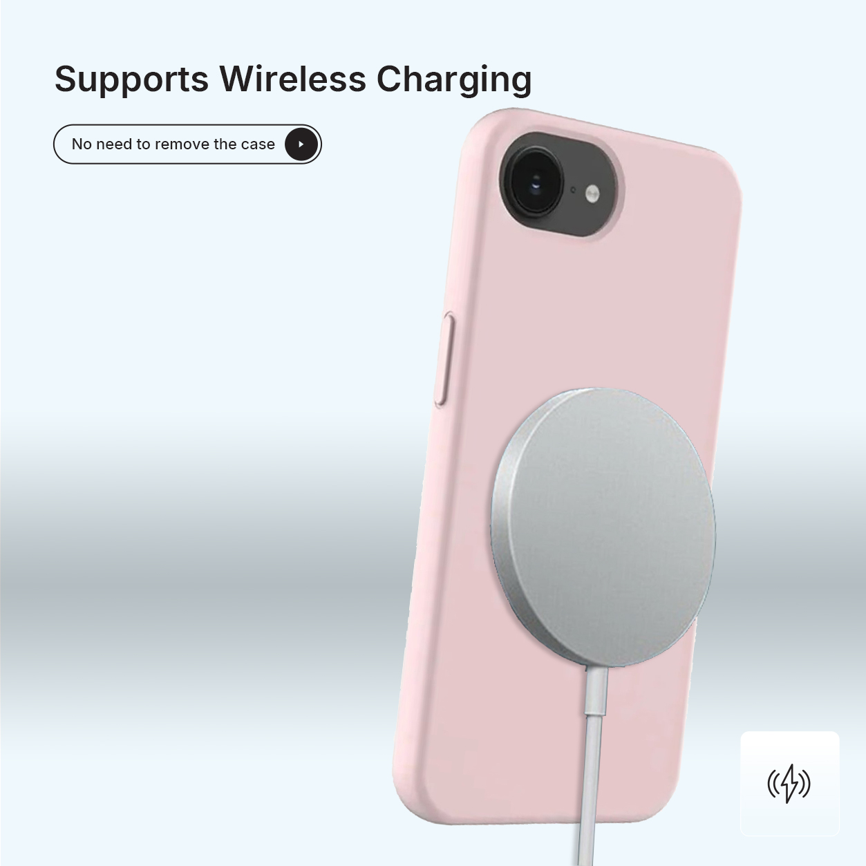 Een roze telefoonhoesje met een zilveren oplaadpad. De telefoon wordt draadloos opgeladen. Tekst: Ondersteunt draadloos opladen.