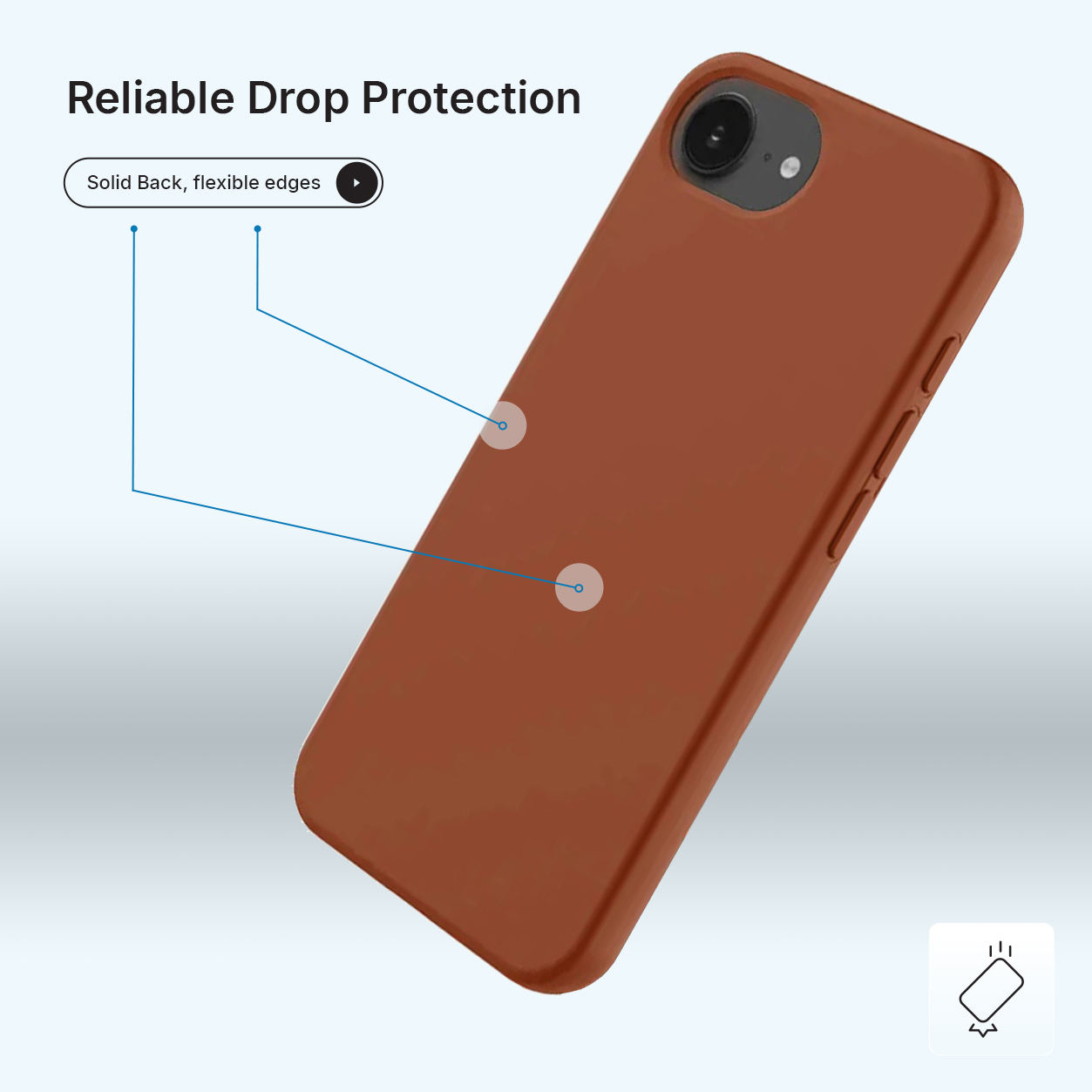 Een bruine telefoonhoes op een lichtblauwe achtergrond. Tekst luidt 'Reliable Drop Protection' en 'Solid Back, flexible edges'.