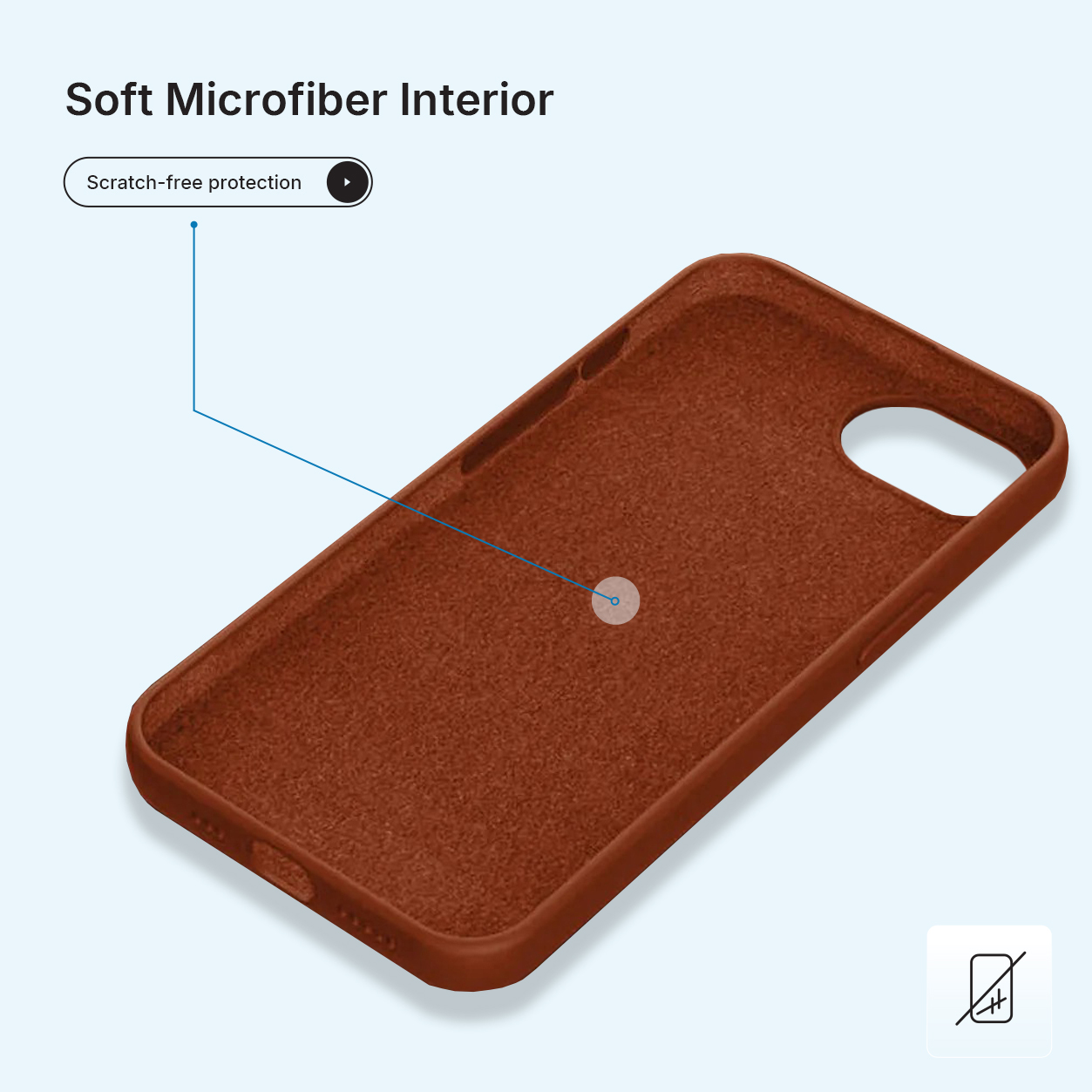 Een bruine telefoonhoes met een zacht microvezel interieur. Tekst: 'Soft Microfiber Interior' en 'Scratch-free protection'.
