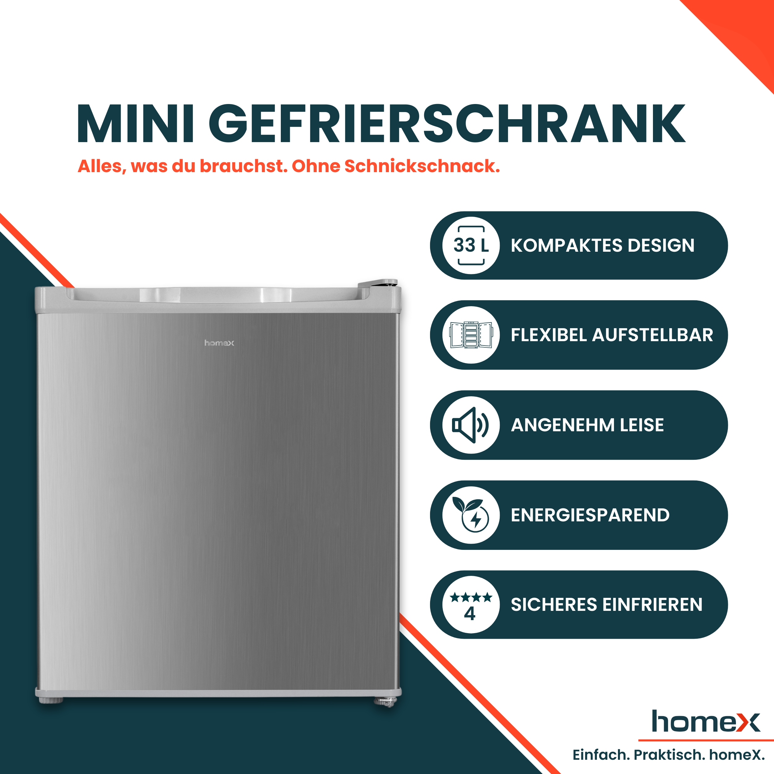 Ein silberner Mini-Gefrierschrank mit deutschem Text, einschließlich Funktionen wie kompaktes Design und Energiesparen.