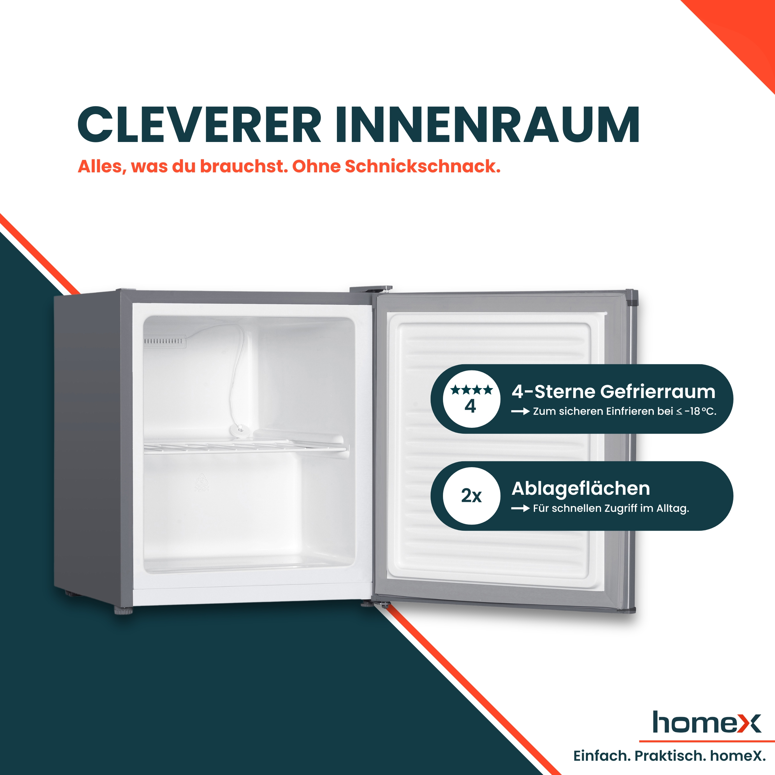 Offener Mini-Kühlschrank mit Innenansicht und Regalen. Text: Cleverer Innenraum. 4-Sterne-Gefrierfach. 2 Regale.