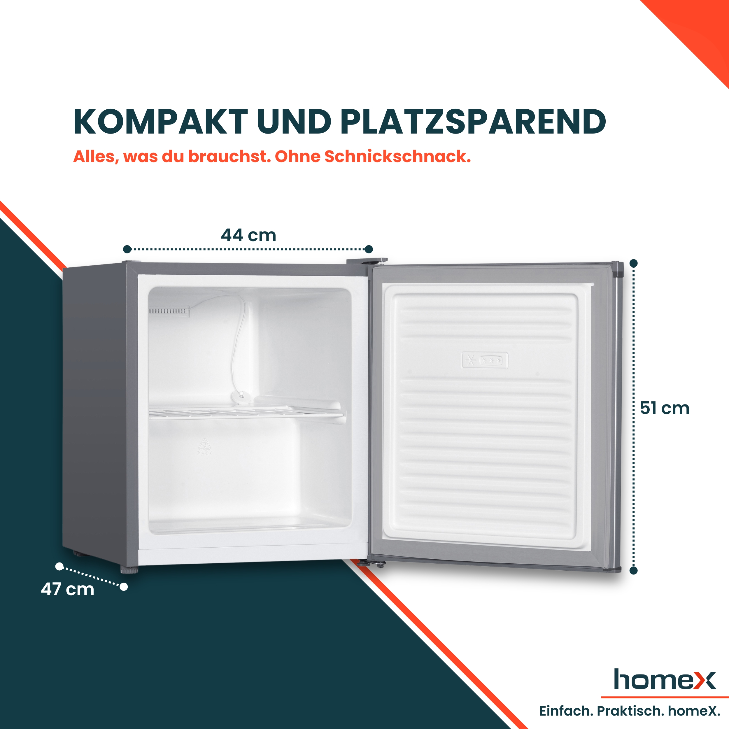Ein grauer Mini-Kühlschrank mit geöffneter Tür, der einen weißen Innenraum und ein Regal zeigt. Die Maße sind angezeigt.