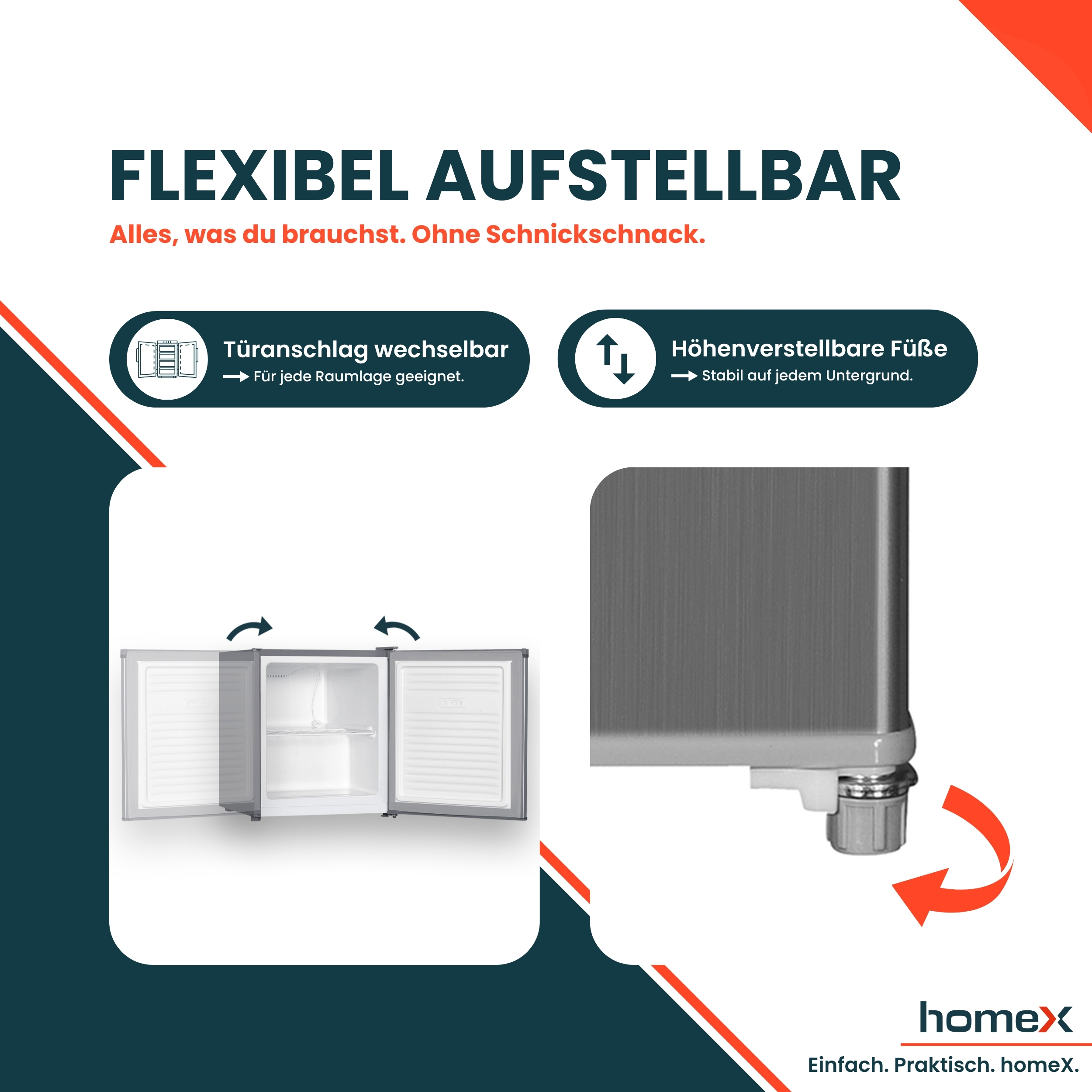 Das Bild zeigt einen Kühlschrank mit Funktionen: reversible Tür und verstellbare Füße. Text sagt 'Flexible setup'.