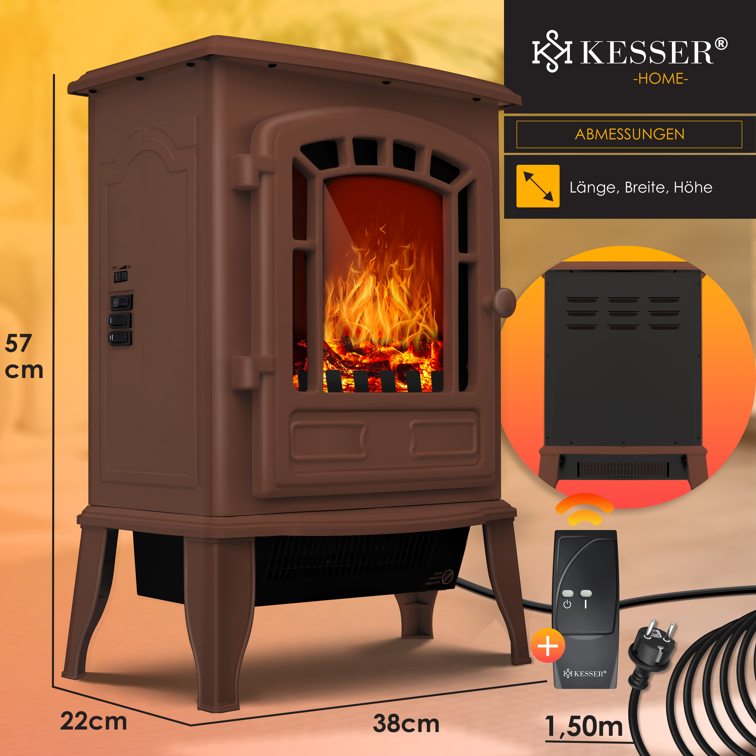Ein brauner Elektro-Kamin mit Flammeneffekt. Abmessungen und Fernbedienung sind ebenfalls sichtbar.