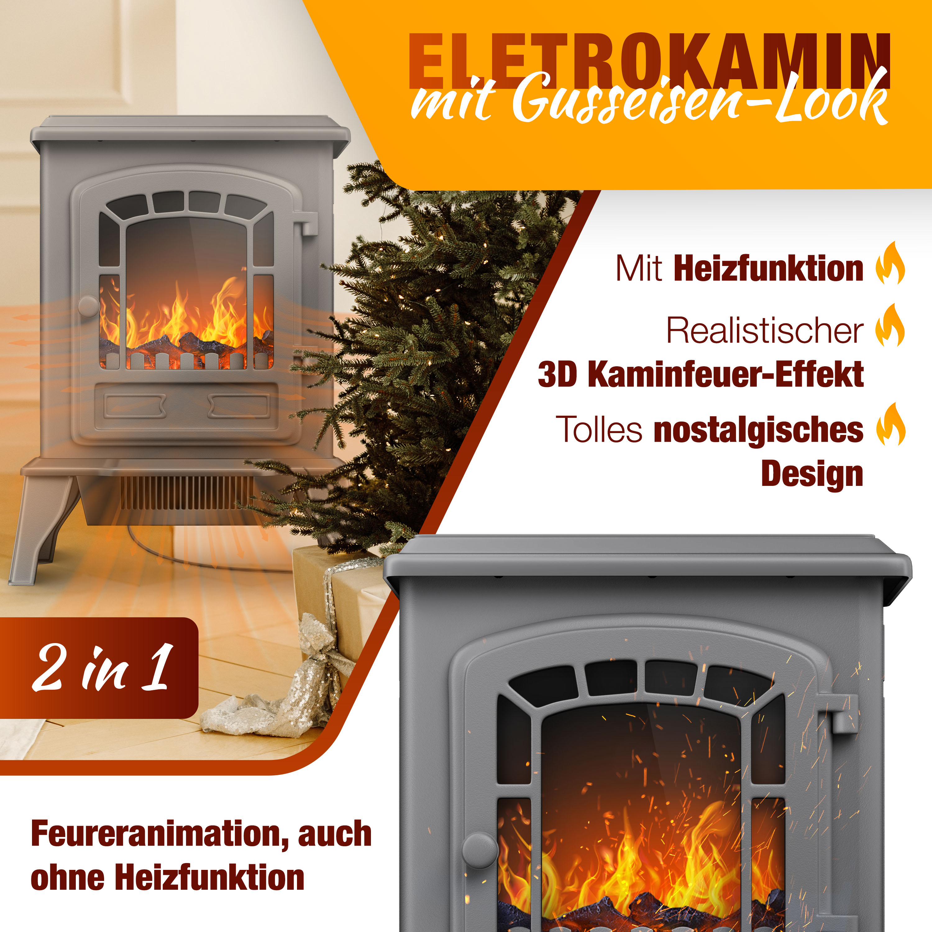 Ein grauer Elektrokamin mit realistischem Flammeneffekt wird angezeigt. Ein Weihnachtsbaum und eine Geschenkbox befinden sich im Hintergrund.