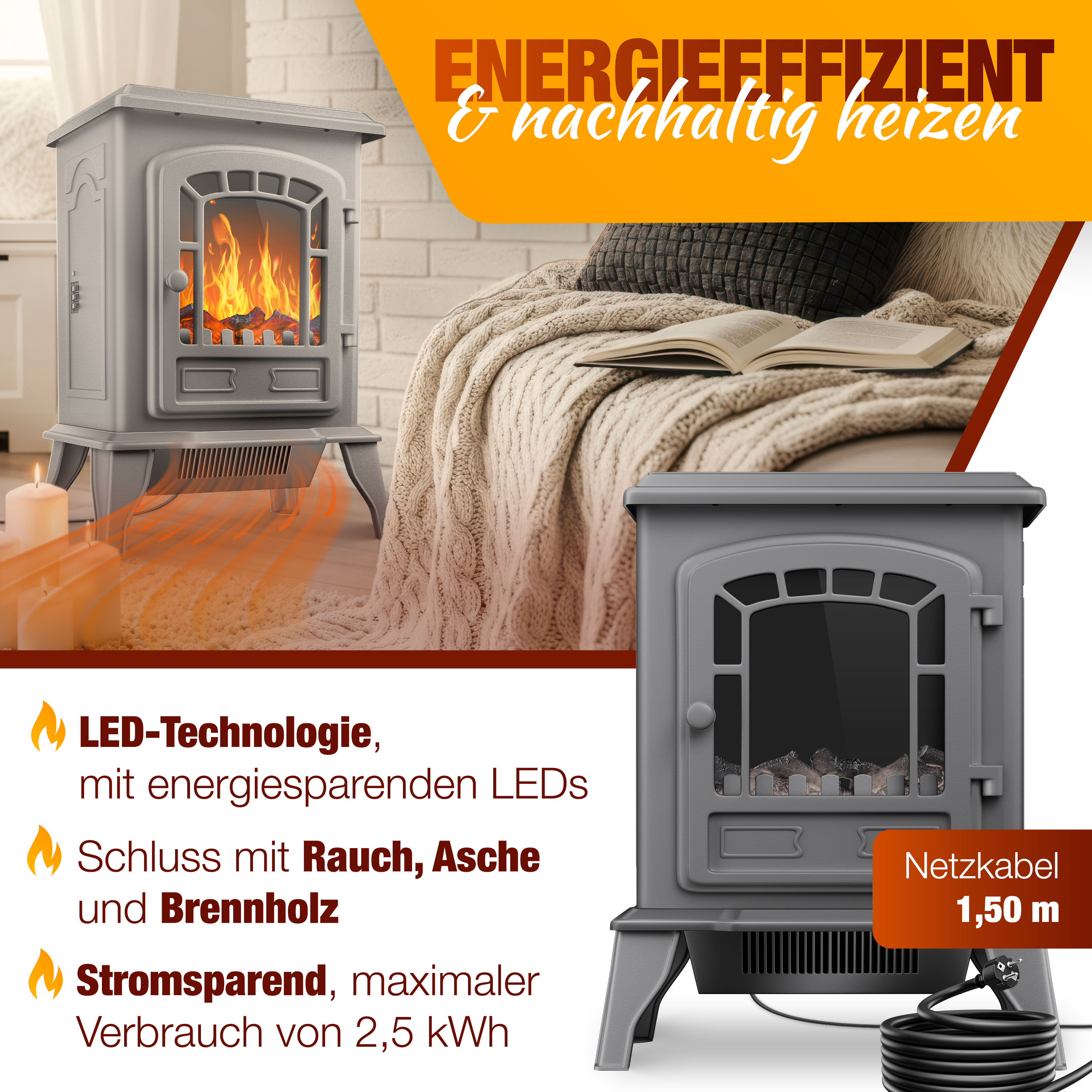 Das Bild zeigt zwei elektrische Kamine. Einer links mit Flammen und einer rechts. Text-Overlays beschreiben die Funktionen.