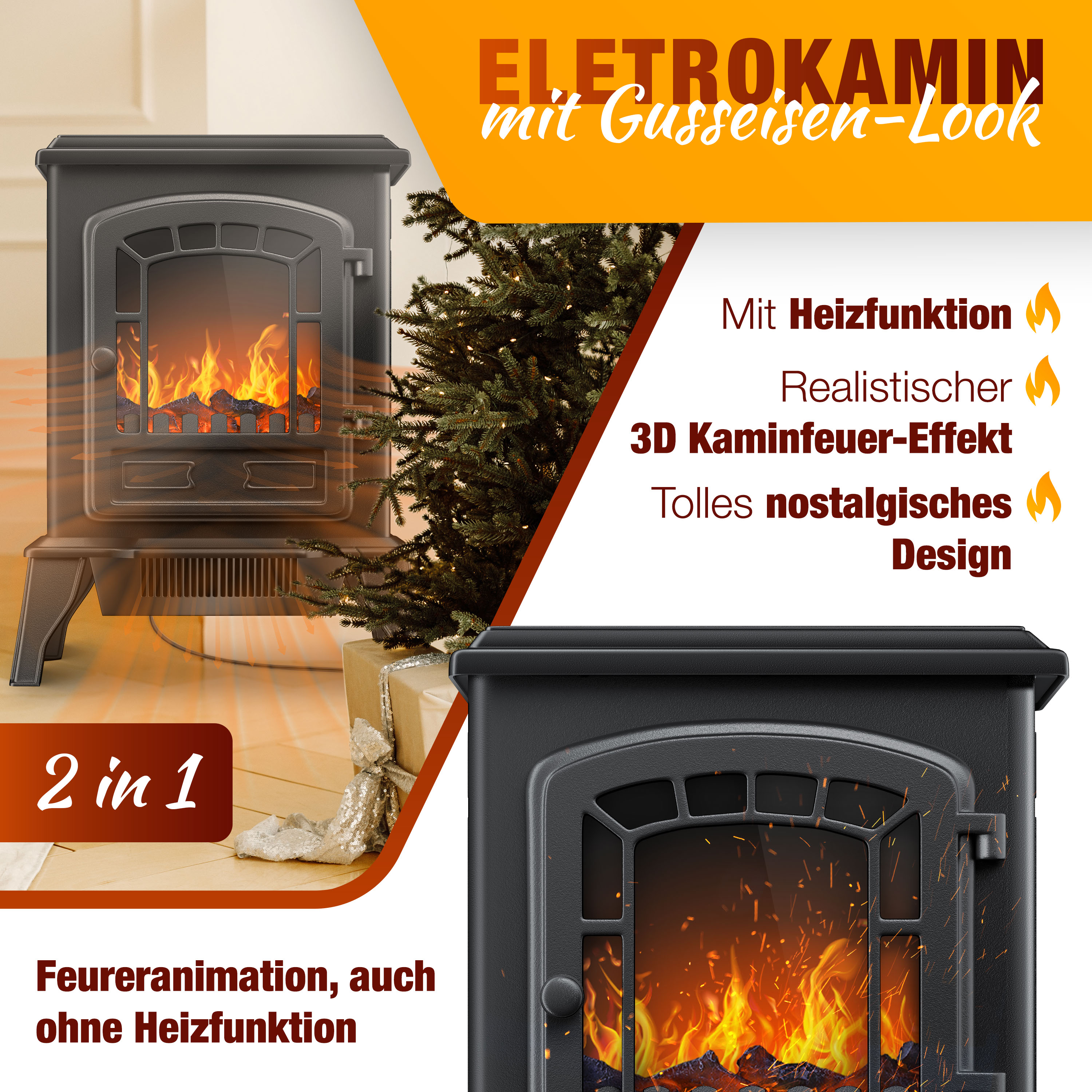Ein Elektrokamin mit realistischem Feuereffekt, einem Weihnachtsbaum und Textetiketten mit Funktionen.
