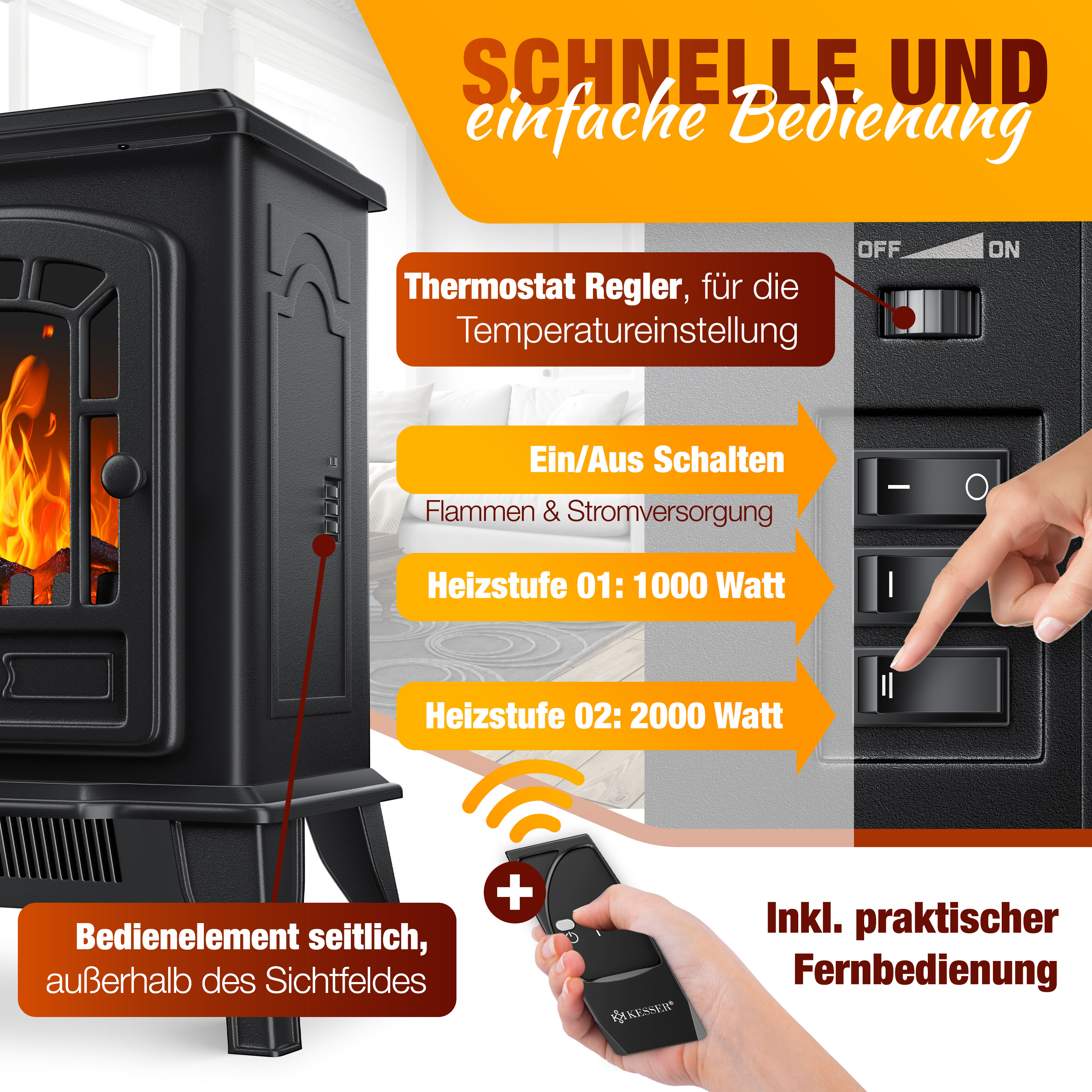 Schwarzer Kaminofen mit Bedienelementen und Fernbedienung. Text auf Deutsch zeigt Einstellungen.