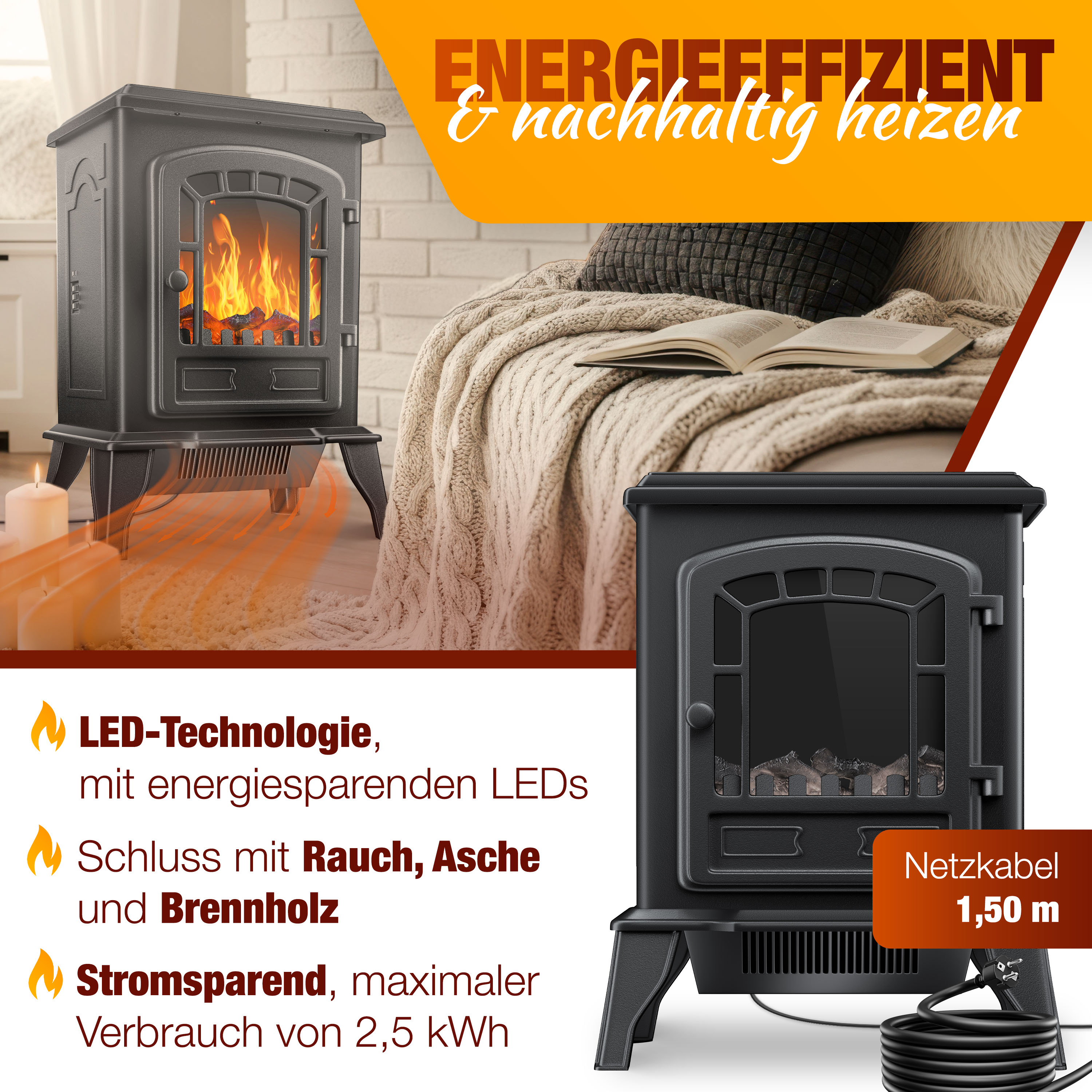 Zwei schwarze elektrische Kamine sind abgebildet. Einer hat einen Flammeneffekt. Text beschreibt Energieeffizienz.