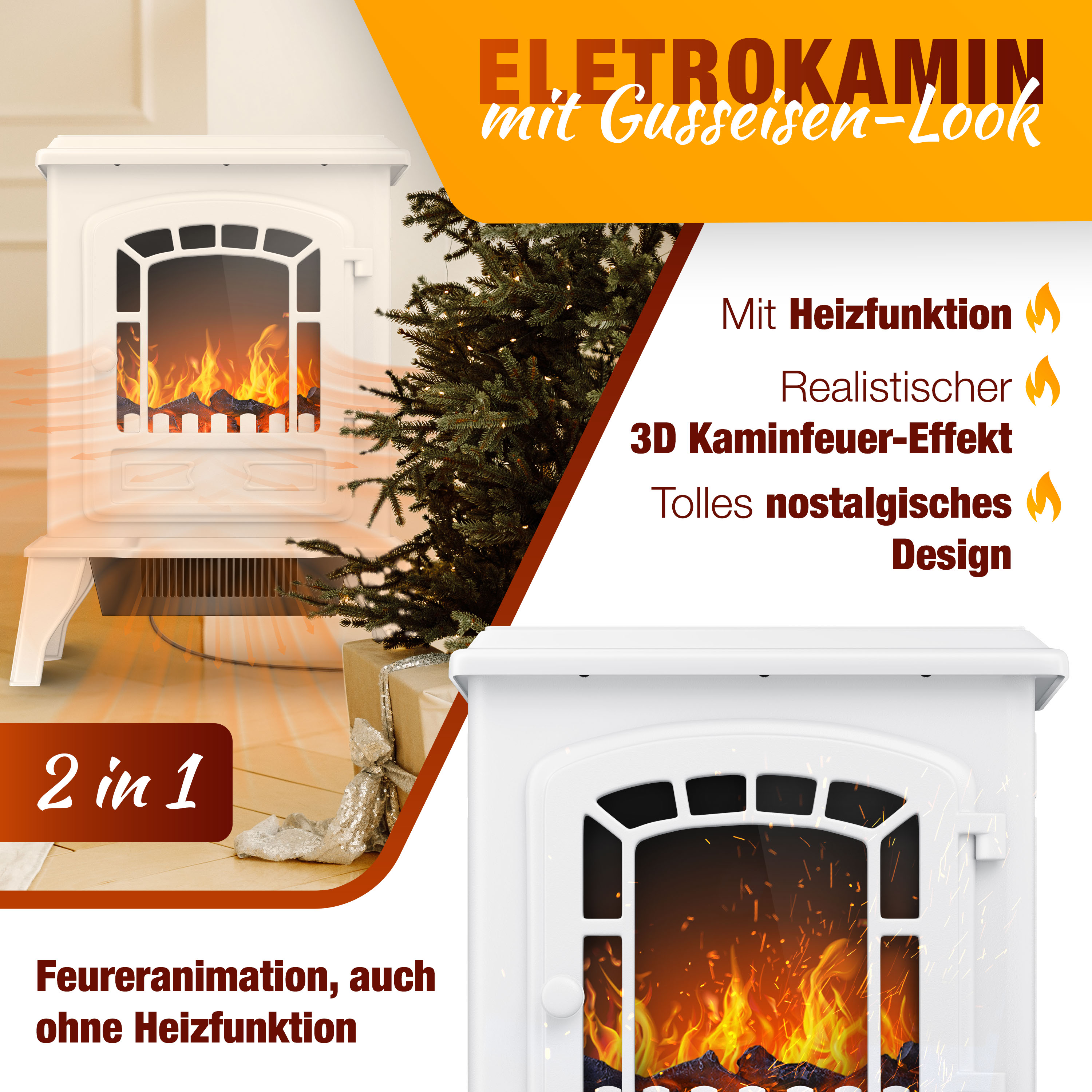 Ein weißer Elektrokamin mit realistischem Flammeneffekt und einem Weihnachtsbaum im Hintergrund. Der Kamin hat eine 2-in-1-Funktion.