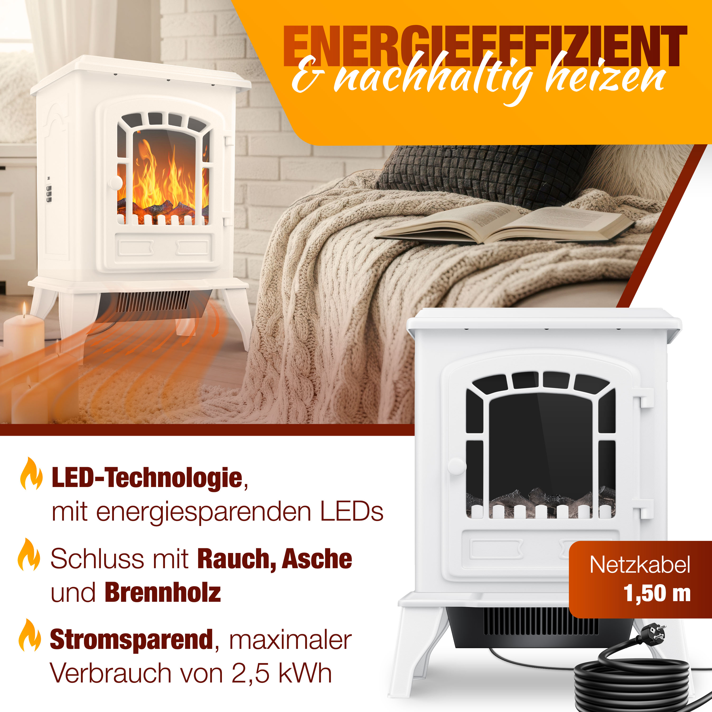 Ein weißer Elektro-Kamin mit Flammeneffekt wird zusammen mit Text angezeigt, der seine Eigenschaften und Vorteile beschreibt.