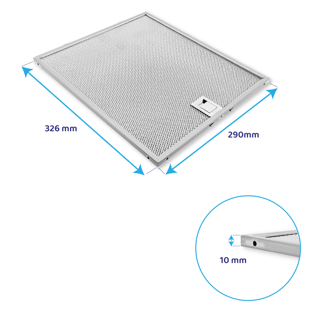 Un filtro metallico per cappa, 326 mm x 290 mm, con uno spessore di 10 mm, viene mostrato con le dimensioni. Ha una superficie perforata.