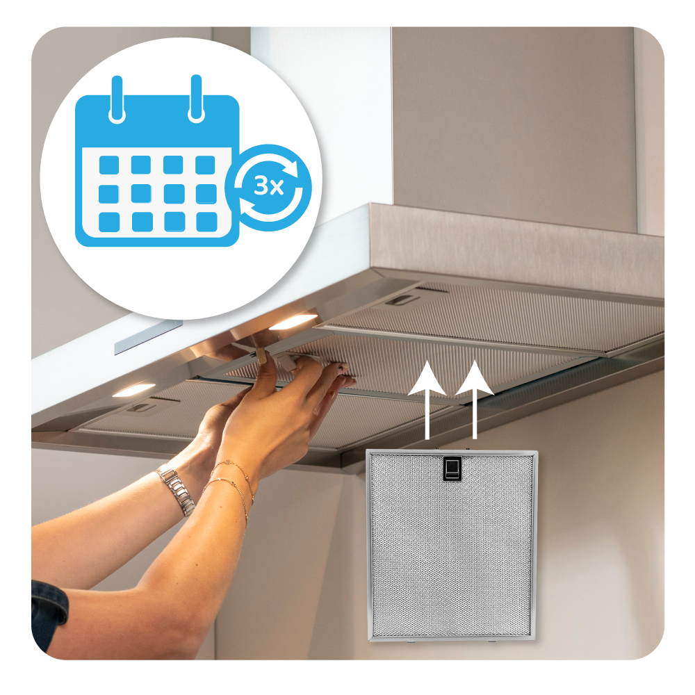 Mani che rimuovono un filtro da una cappa da cucina. Frecce rivolte verso l'alto. Icona calendario con simbolo 3x in alto a sinistra.