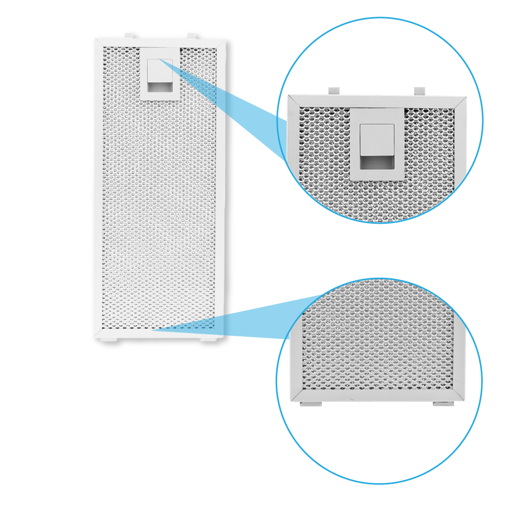 Ein weißer Dunstabzugsfilter mit Metallgitter und kleinem Griff. Zwei vergrößerte Ansichten zeigen Details des Gitters und des Griffs.