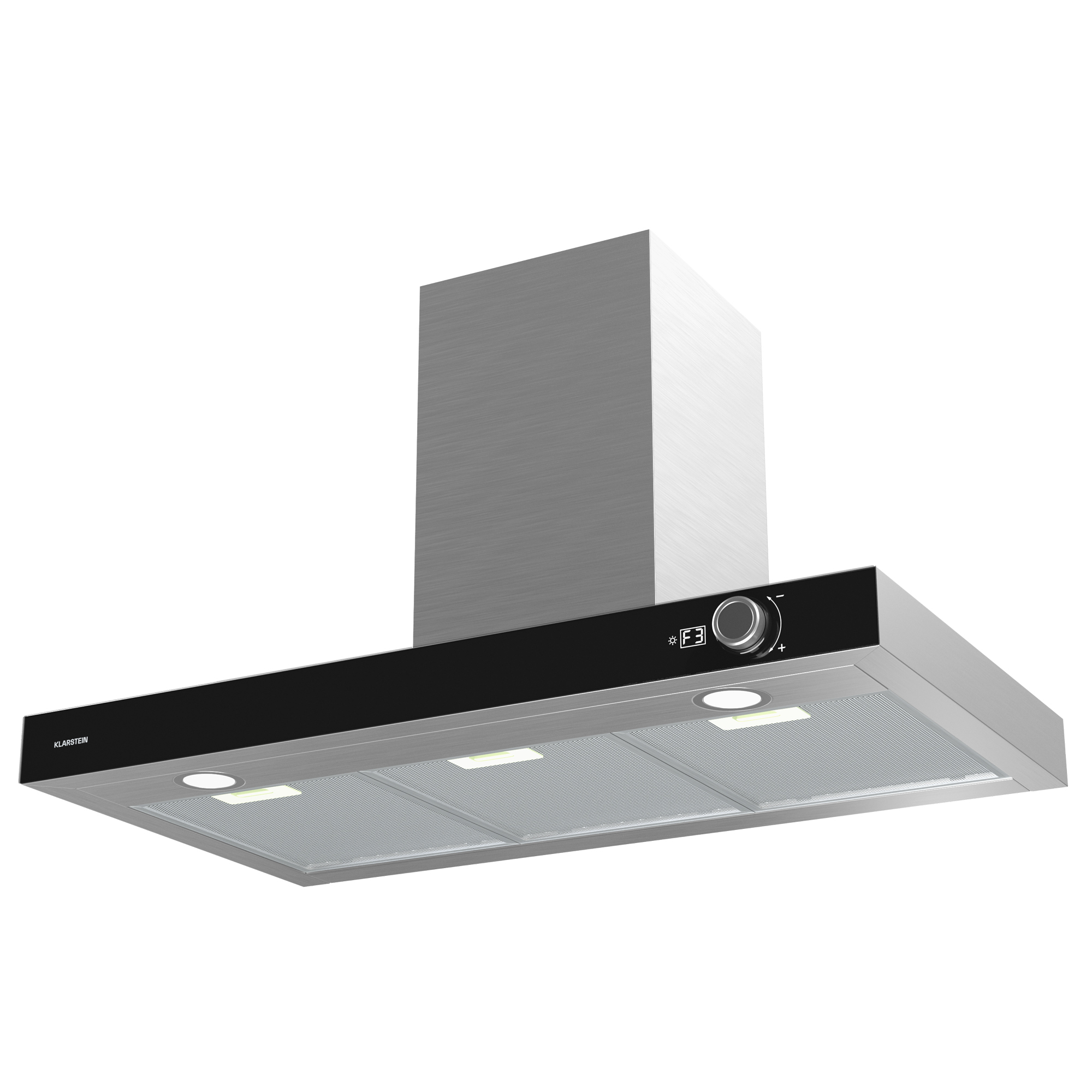 Eine moderne silber-schwarze Dunstabzugshaube. Sie hat Lichter und Bedienknöpfe. Markenname: Klarstein.