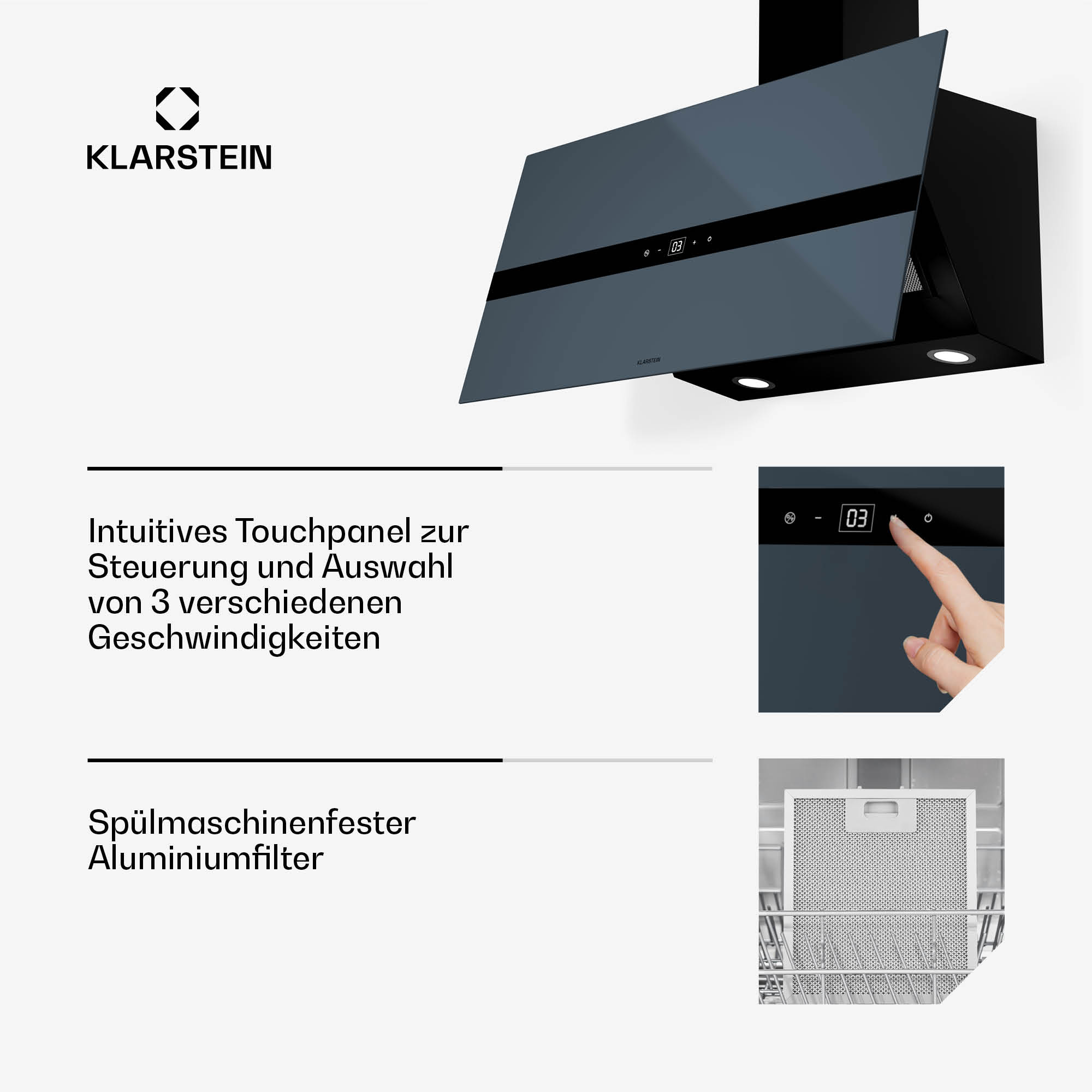 Moderne Dunstabzugshaube mit Touchpanel, zeigt Geschwindigkeit 03 und einen spülmaschinenfesten Aluminiumfilter.
