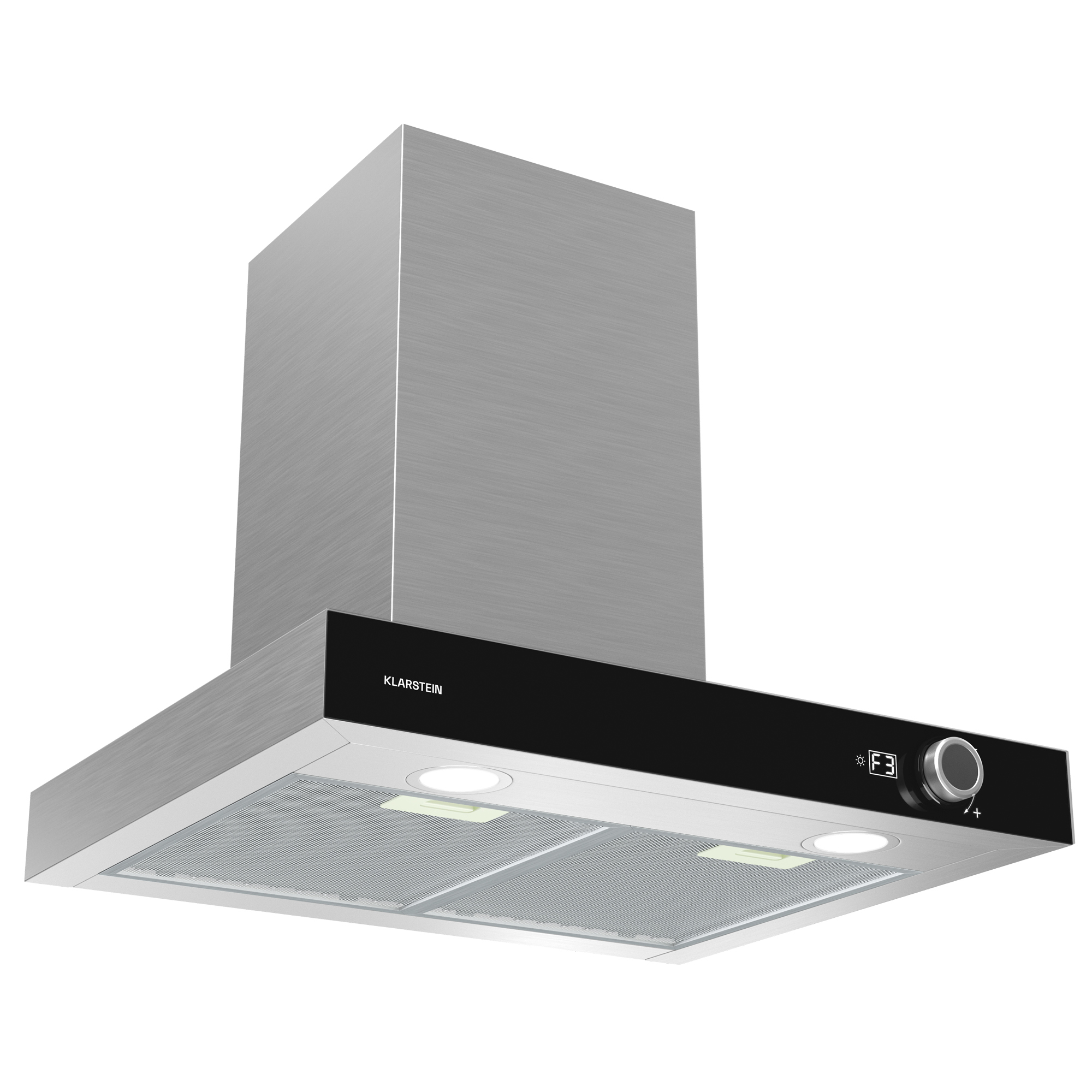Una campana extractora Klarstein de acero inoxidable con un panel de control negro, dos luces y un filtro de malla.