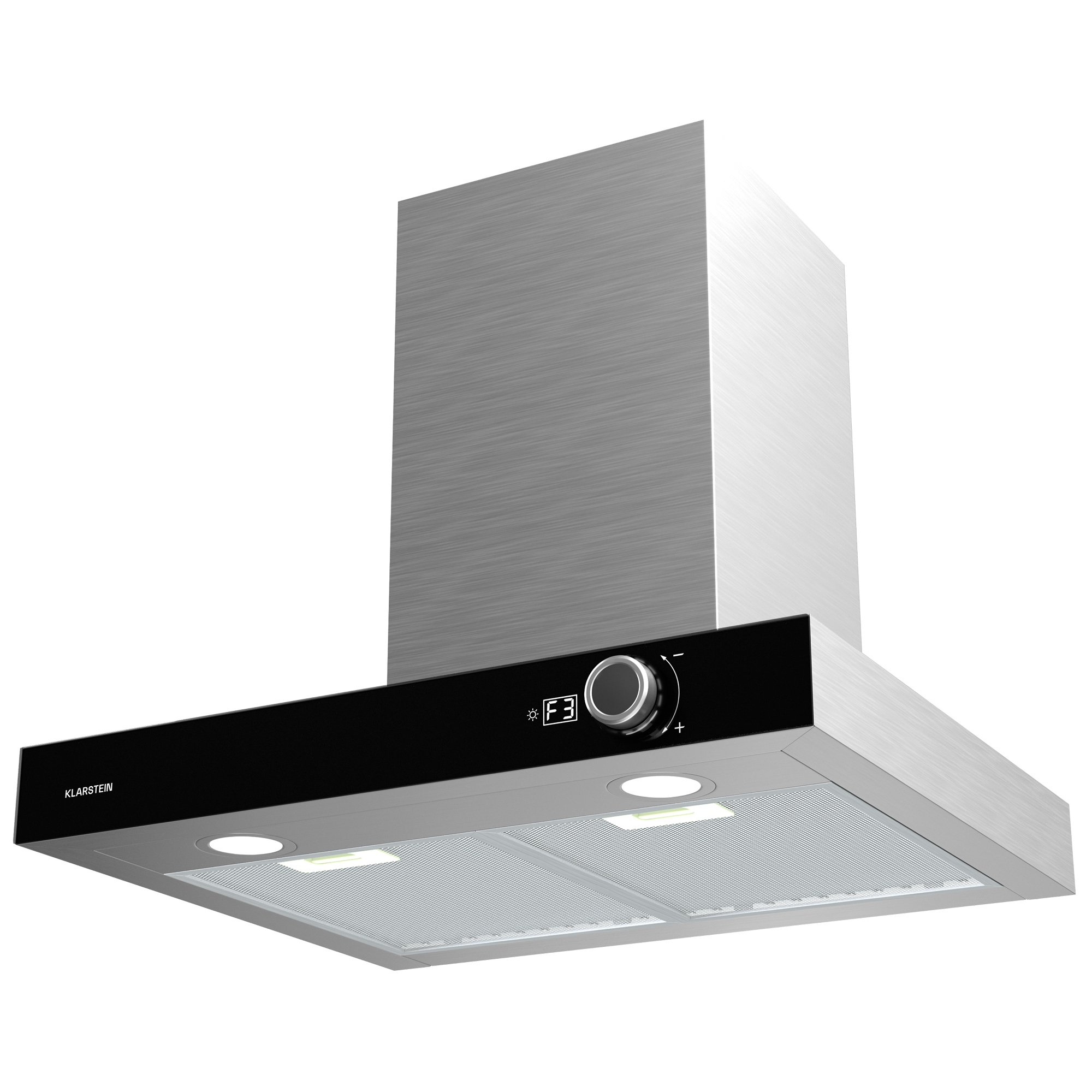 Una campana extractora moderna plateada y negra con panel de control y luces. La marca es Klarstein.