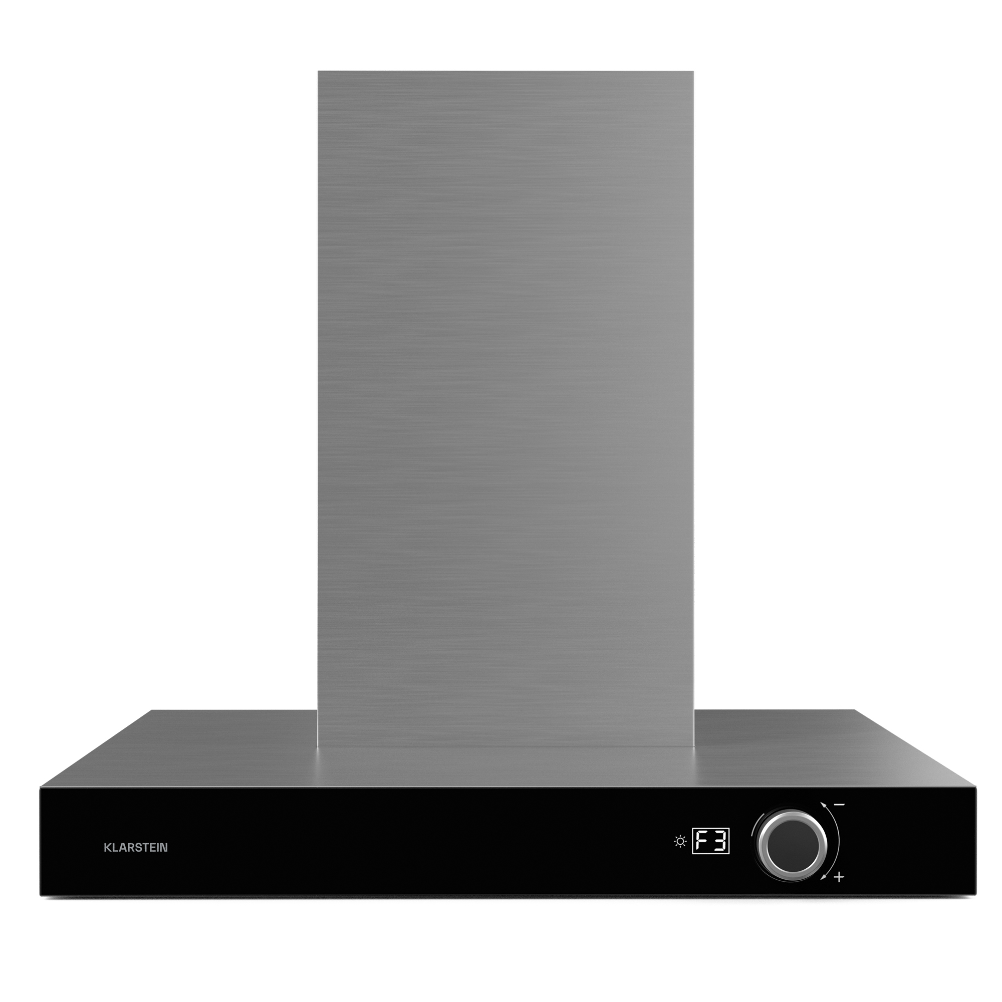 Campana extractora Klarstein de acero inoxidable. Panel de control negro con mando y pantalla.