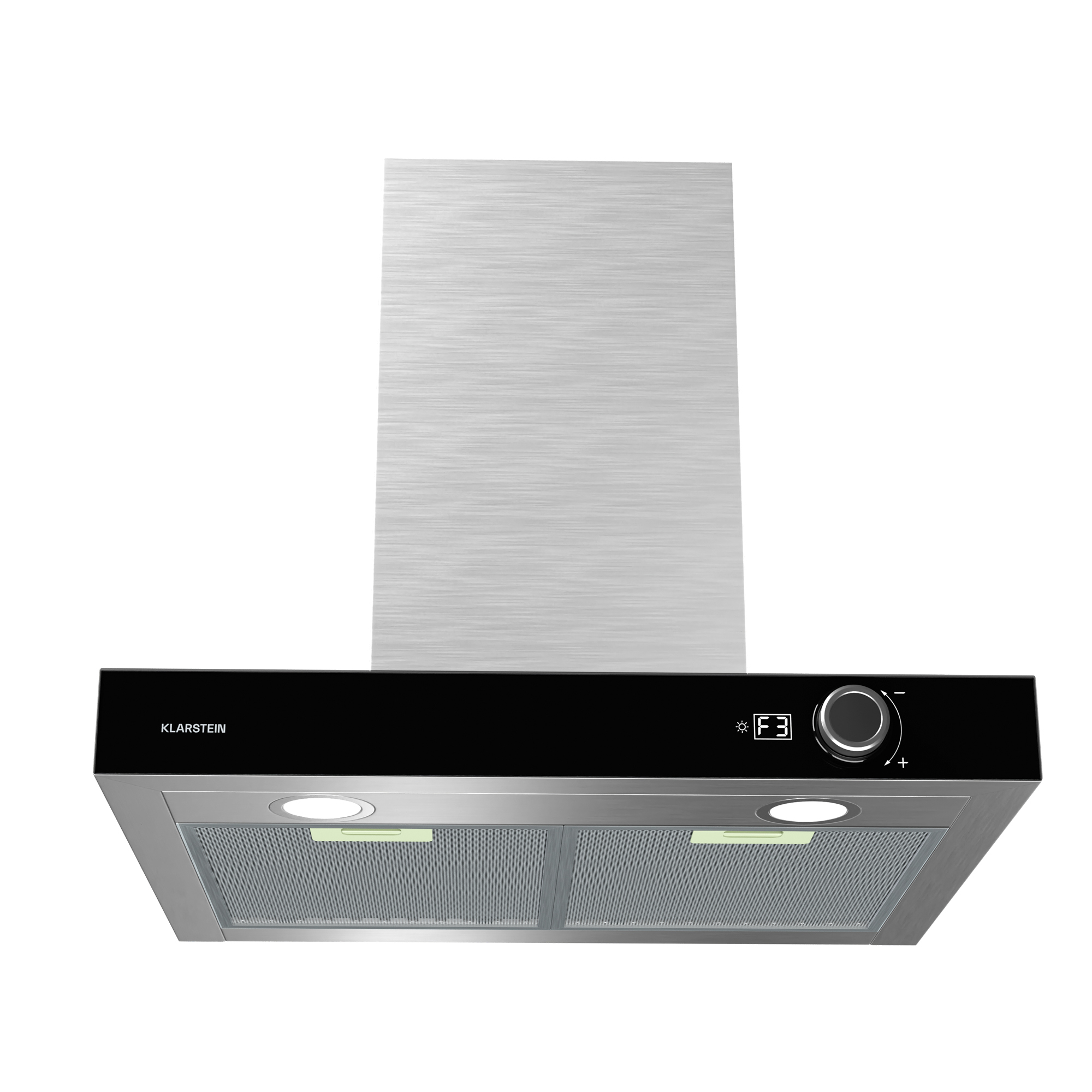Campana extractora de acero inoxidable con panel de control negro. Tiene filtro y luces. La marca es Klarstein.