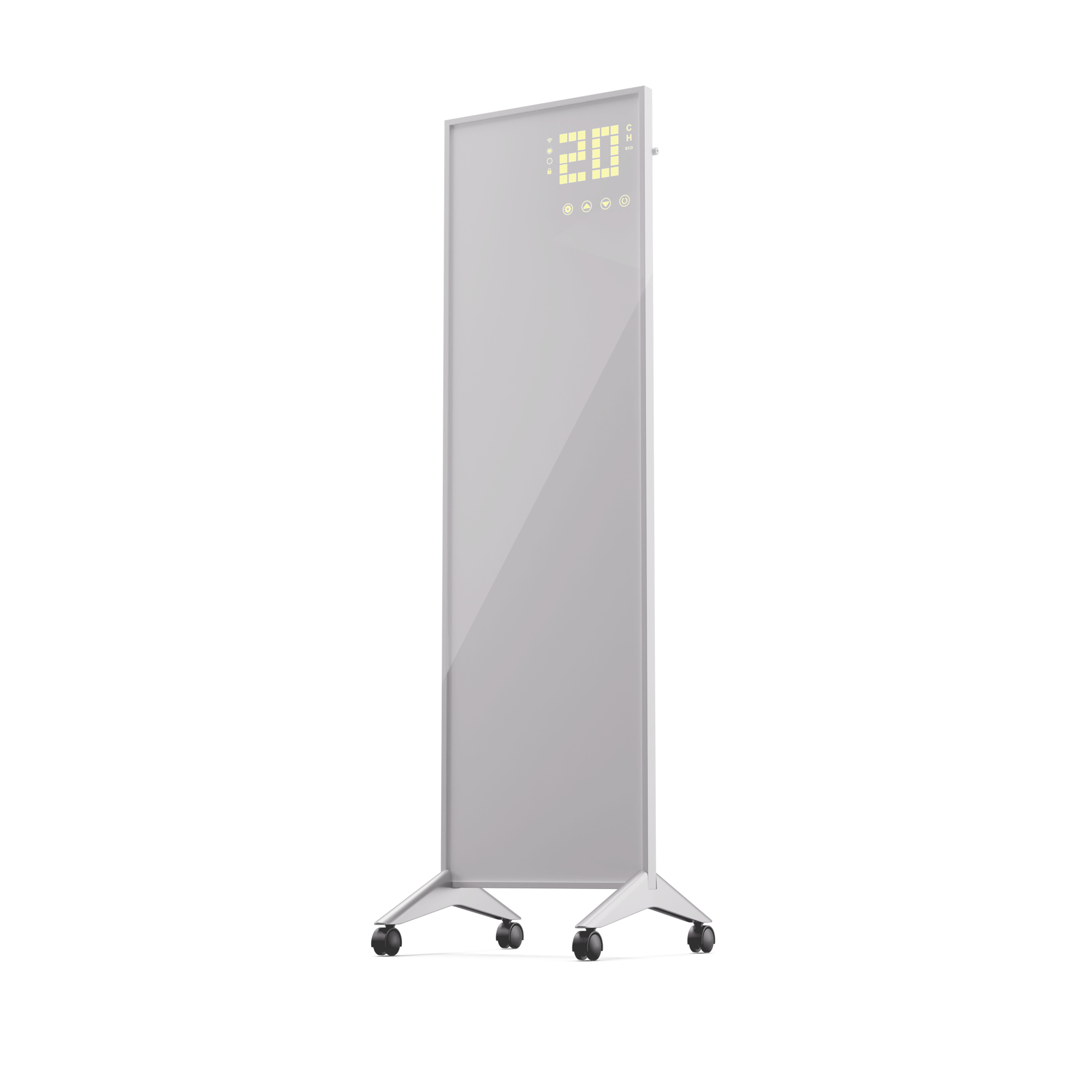 Ein graues Digitaldisplay auf Rädern. Es zeigt die Zahl 20 und andere Symbole. Der Hintergrund ist weiß.