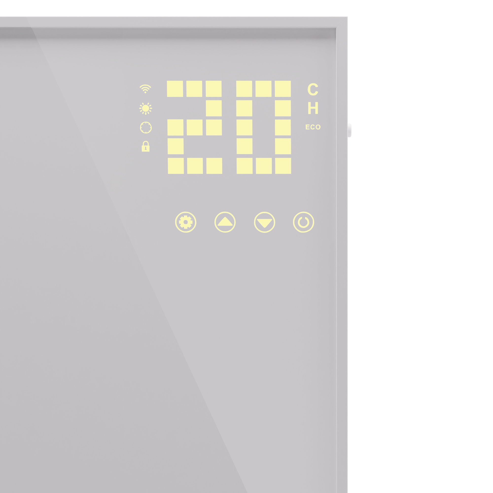Graue Digitalanzeige mit der Zahl 20. Symbole: WLAN, Sonne, Schloss. Steuertasten unten.