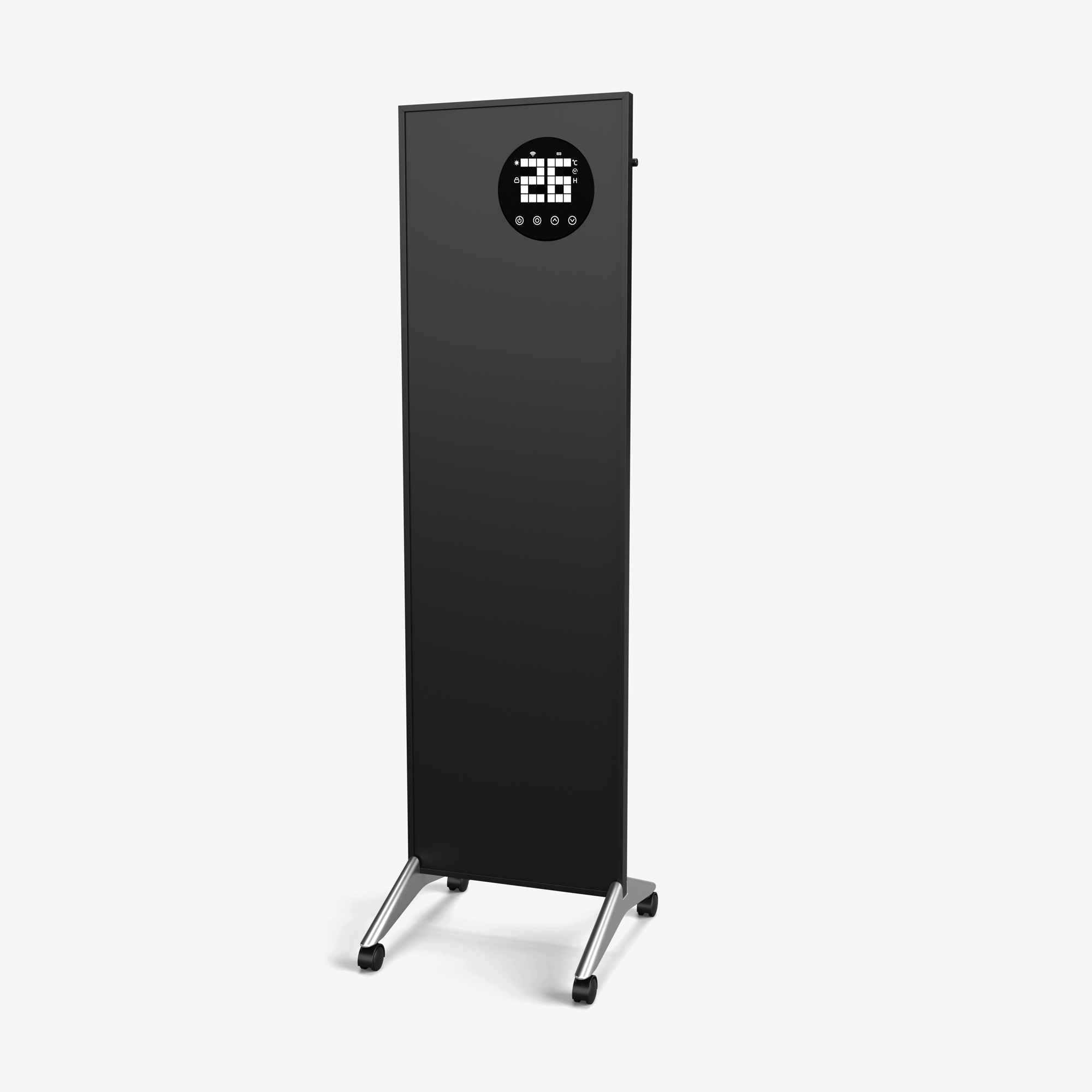 Ein schwarzer, rechteckiger Heizkörper mit digitaler Temperaturanzeige. Er steht auf Rädern vor weißem Hintergrund.
