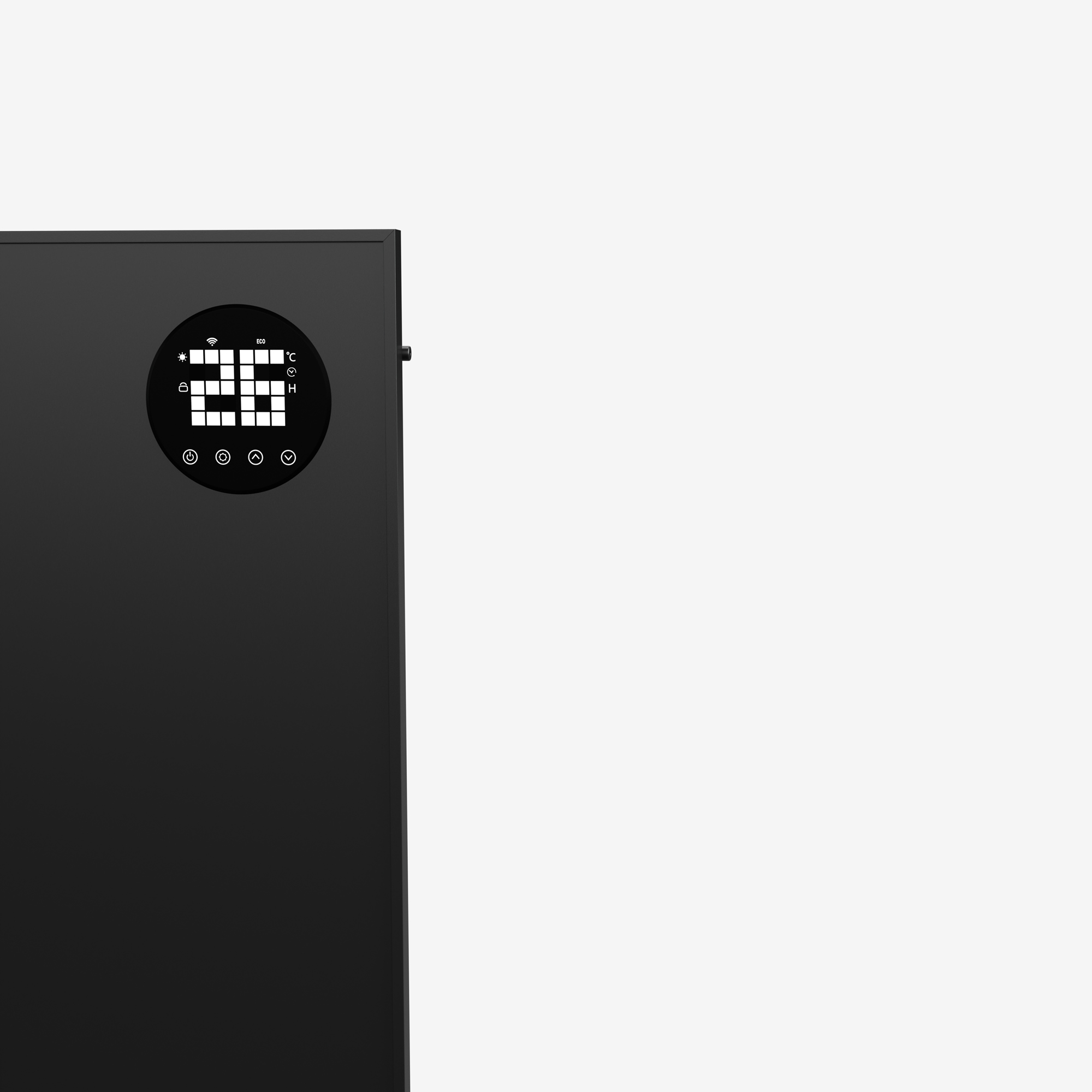 Schwarze Heizkörper mit Digitalanzeige, die 26°C anzeigt. WLAN- und Stromsymbole sind sichtbar. Der Hintergrund ist weiß.