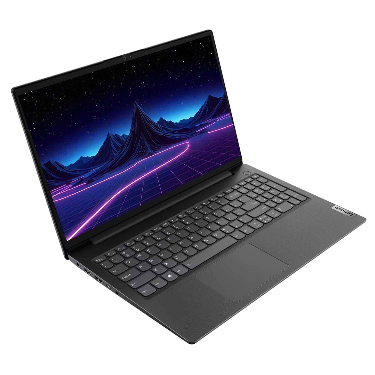 Bir Lenovo dizüstü bilgisayar açık, ekranda neon bir manzara gösteriyor. Klavye görülebilir. Arka plan siyah.