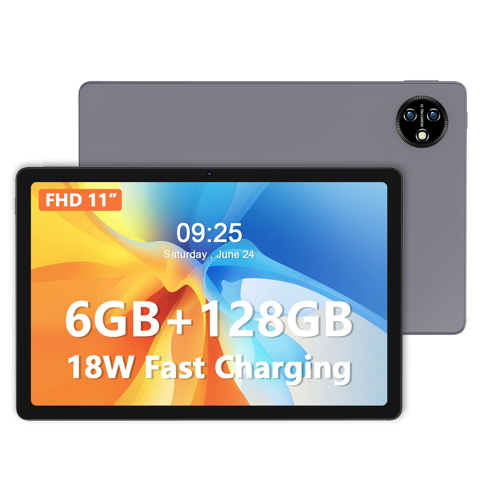 Graues Tablet mit Bildschirm, der Zeit und Spezifikationen anzeigt. Zeigt Zeit, Speicher und Schnellladung.