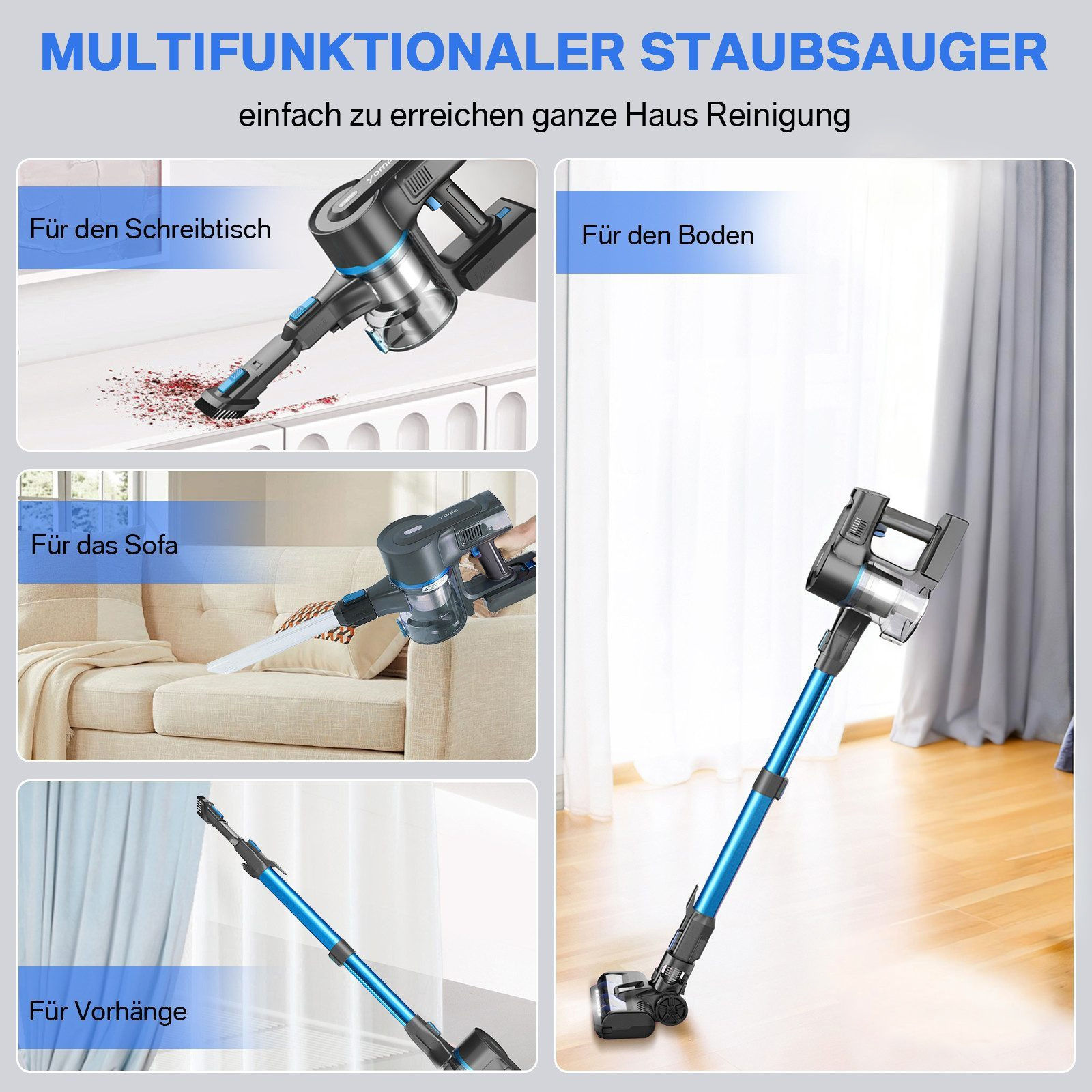 Das Bild zeigt einen multifunktionalen Staubsauger. Er hat verschiedene Aufsätze für verschiedene Reinigungsaufgaben.