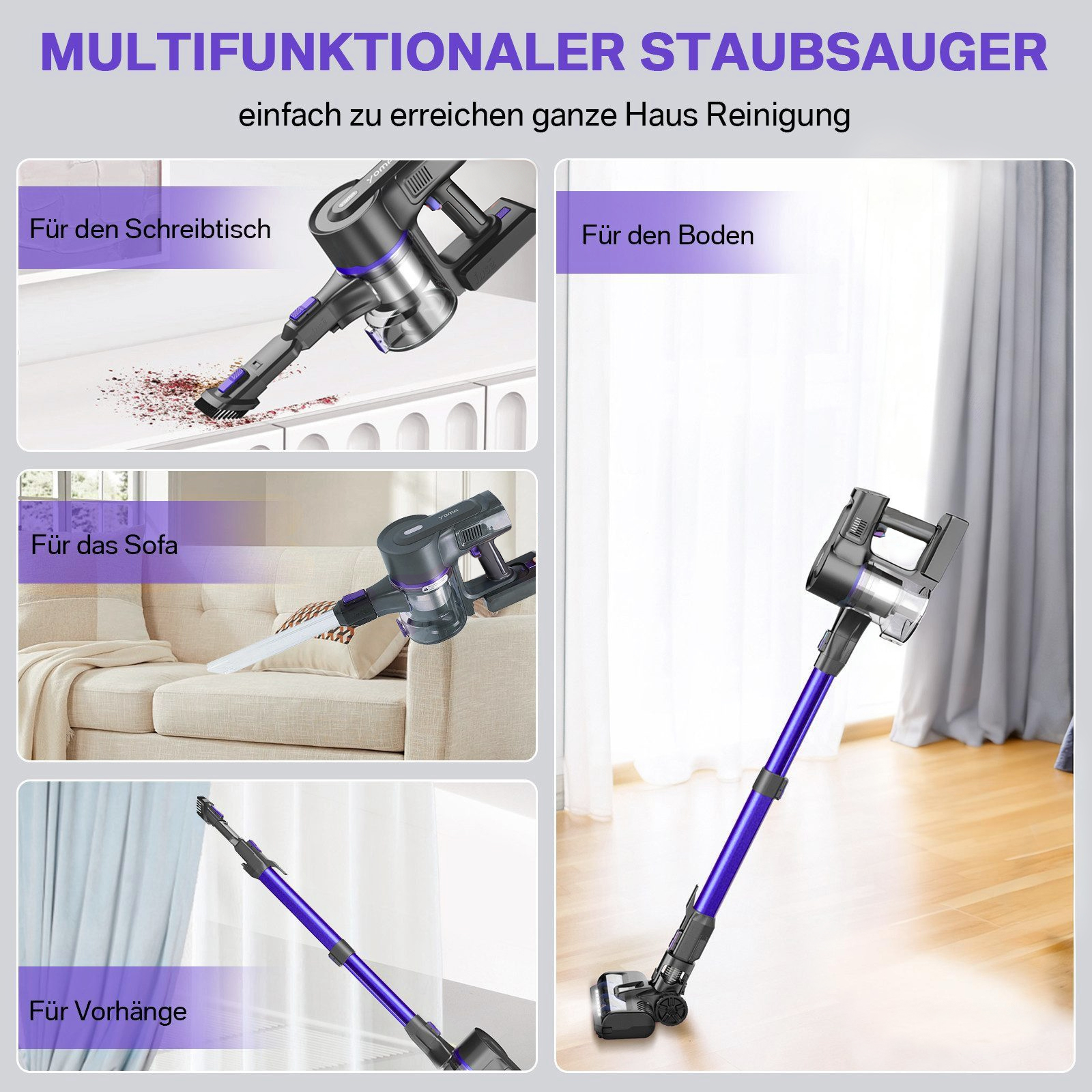 Ein Bild, das einen multifunktionalen Staubsauger zeigt. Es zeigt den Staubsauger, der einen Schreibtisch, ein Sofa, Vorhänge und einen Boden reinigt.