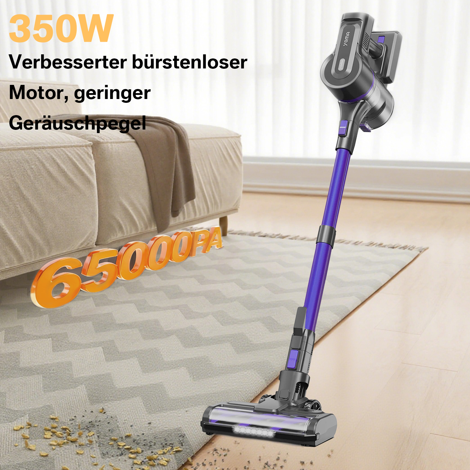 Ein lila-schwarzer Staubsauger steht auf einem Teppich neben einem beigen Sofa. Text enthält '350W' und '65000PA'.