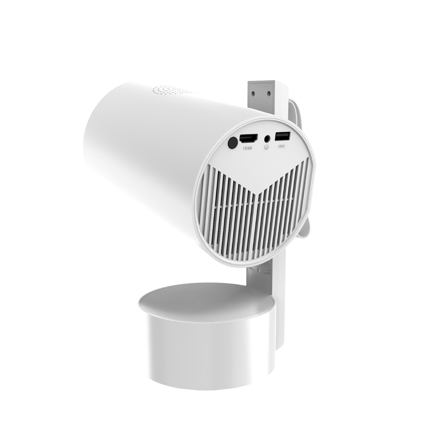 Un dispositivo blanco y cilíndrico con una parte frontal en forma de ventilador y una base redonda. Tiene puertos HDMI y USB. El dispositivo está montado.