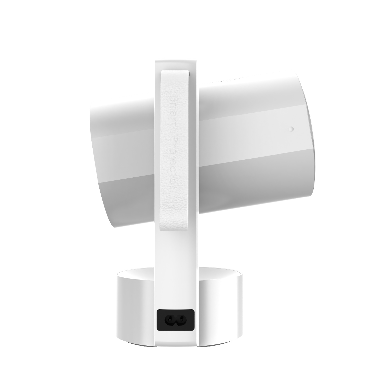 Un proyector inteligente blanco. Tiene un cuerpo cilíndrico y un soporte. El puerto de alimentación es visible en la parte inferior. Un asa está unida.