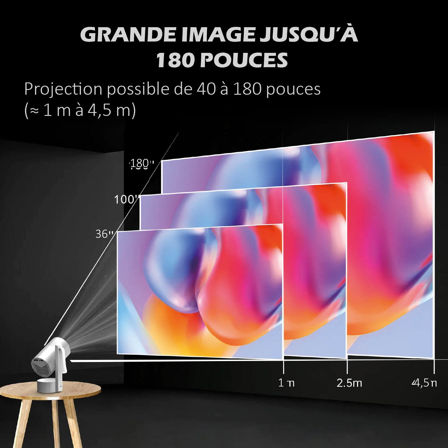 Un proyector sobre una mesa de madera proyecta una imagen en una pantalla, mostrando opciones de tamaño de 36" a 180".