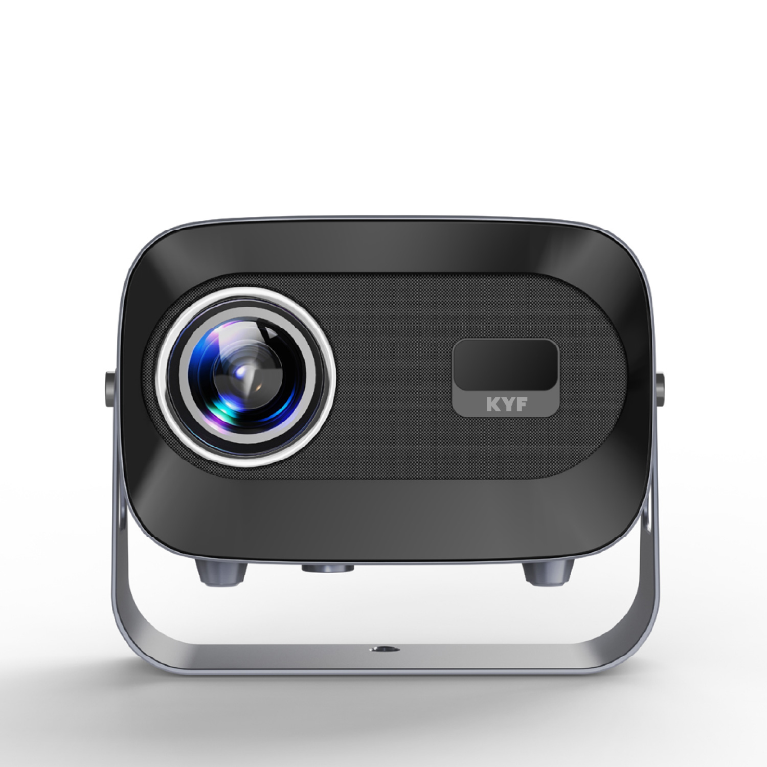 Un proyector negro con lente y soporte, la marca KYF es visible.