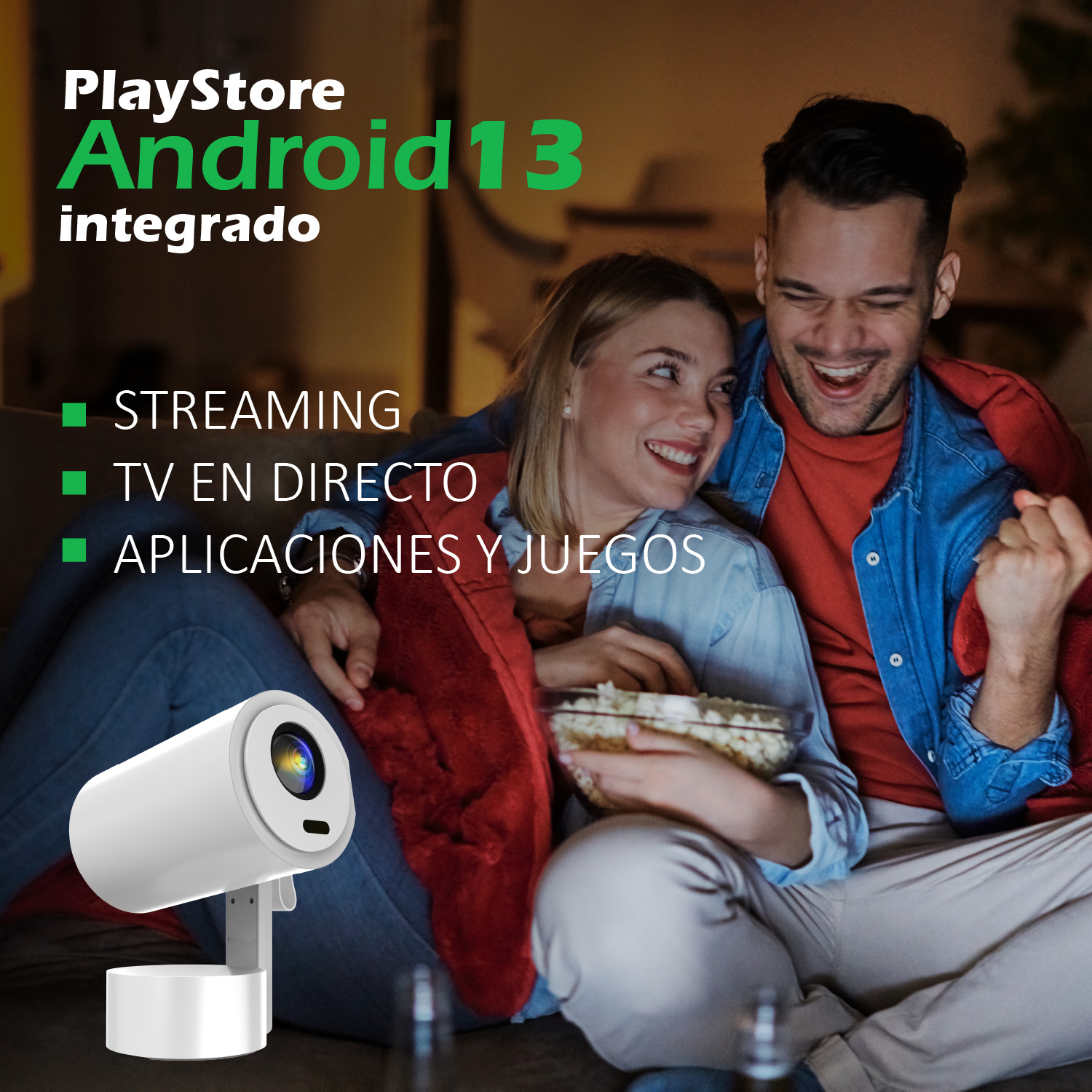 Una pareja ve la televisión, sonriendo. Una cámara blanca está en primer plano. El texto dice Android 13, Streaming, TV y Apps.