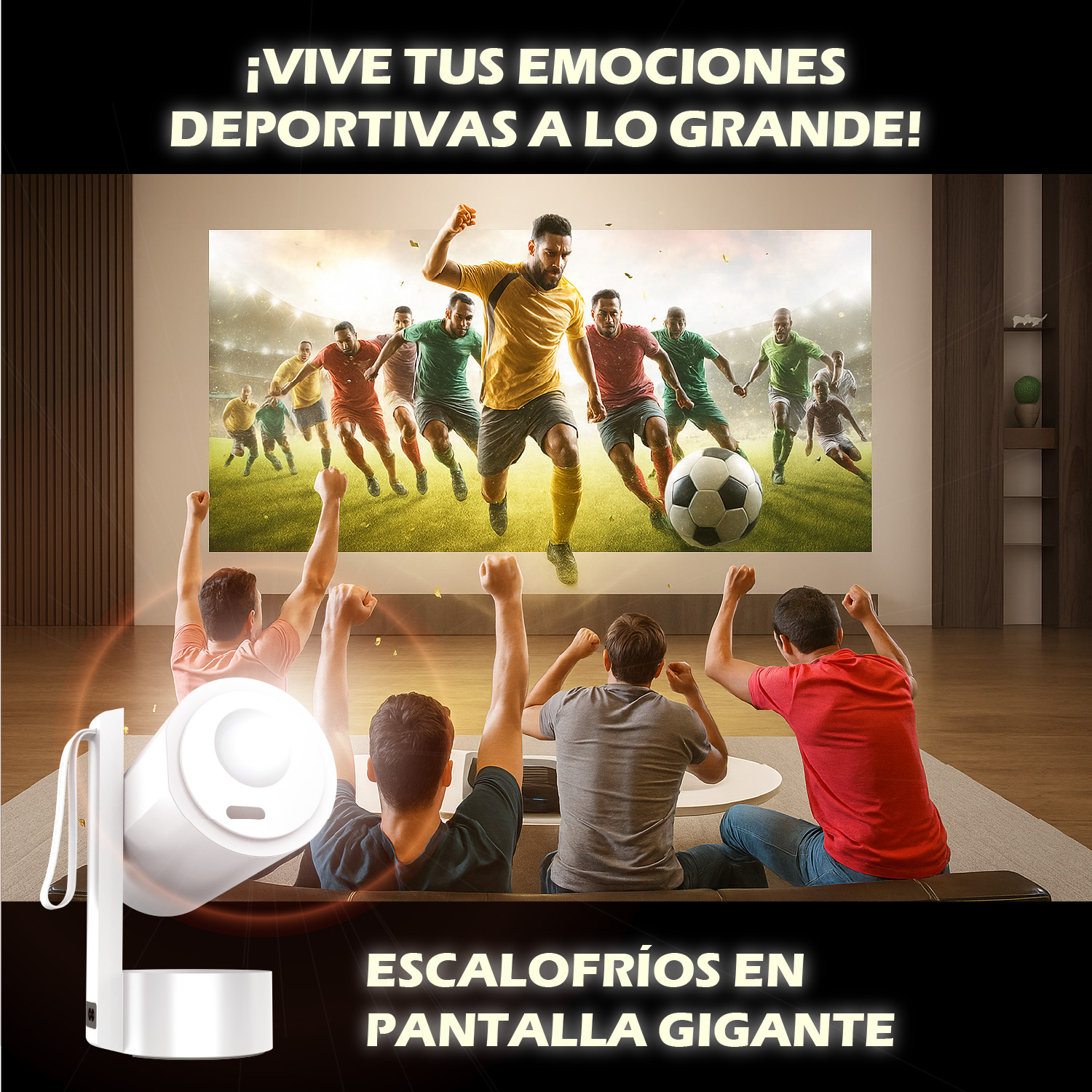 Gente viendo fútbol en pantalla grande. Jugadores en la pantalla y fans celebrando frente a la pantalla con los brazos en alto.