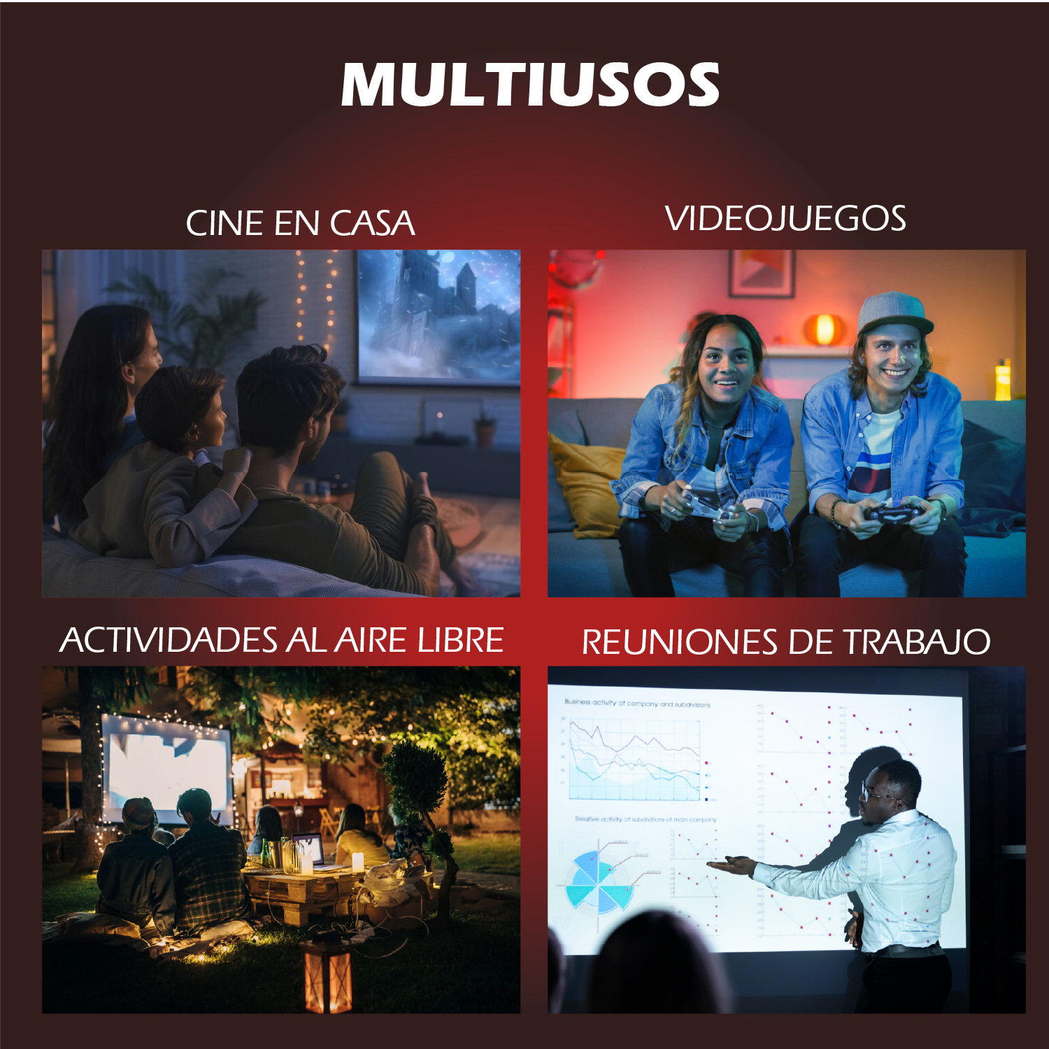 La imagen muestra actividades: cine en casa, videojuegos, actividades al aire libre y reuniones de trabajo. Cada una tiene una imagen relacionada.