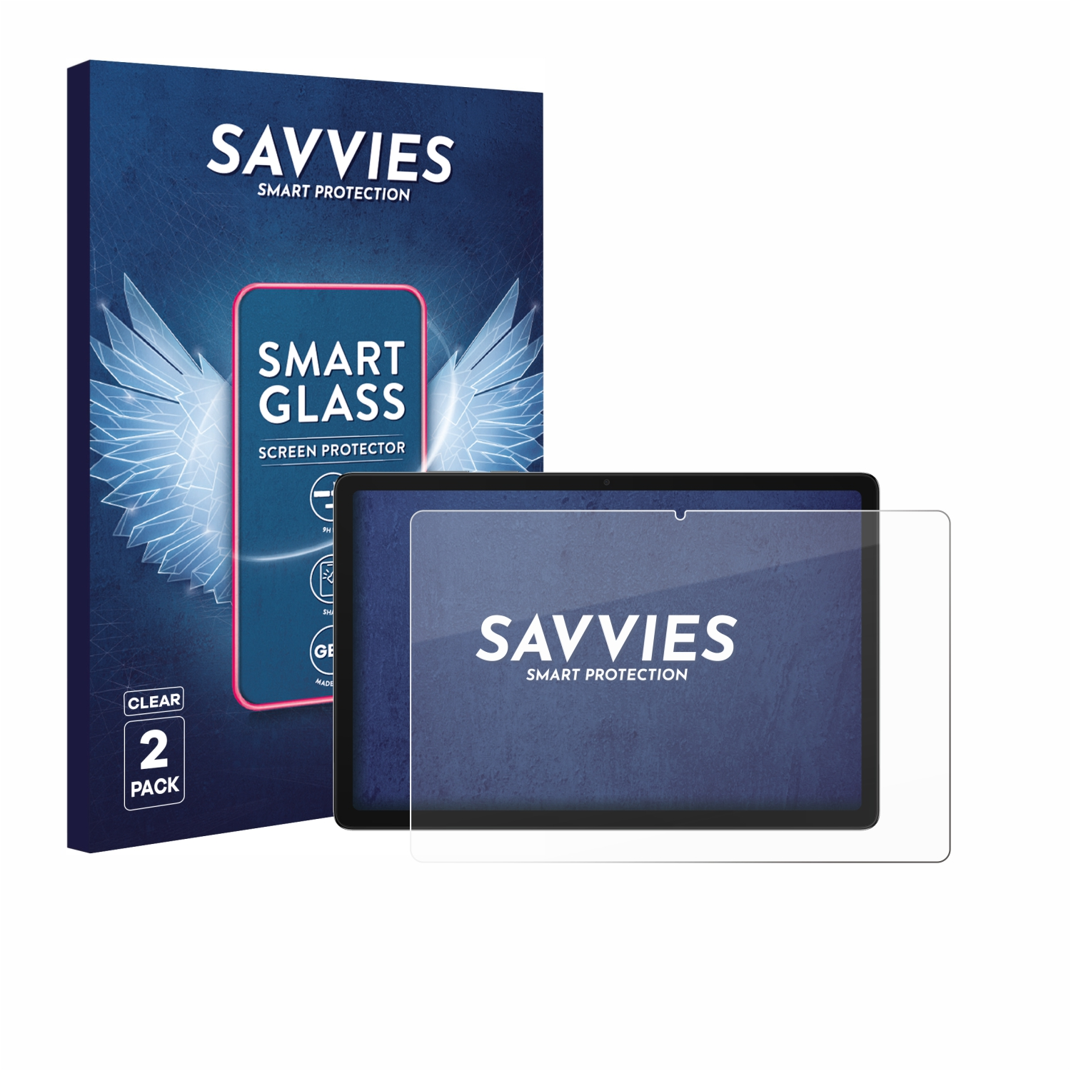 Gezeigt werden ein Tablet-Displayschutz und seine Verpackung. Auf der Verpackung steht 'Savvies Smart Protection' und 'Smart Glass' mit 2er-Pack.