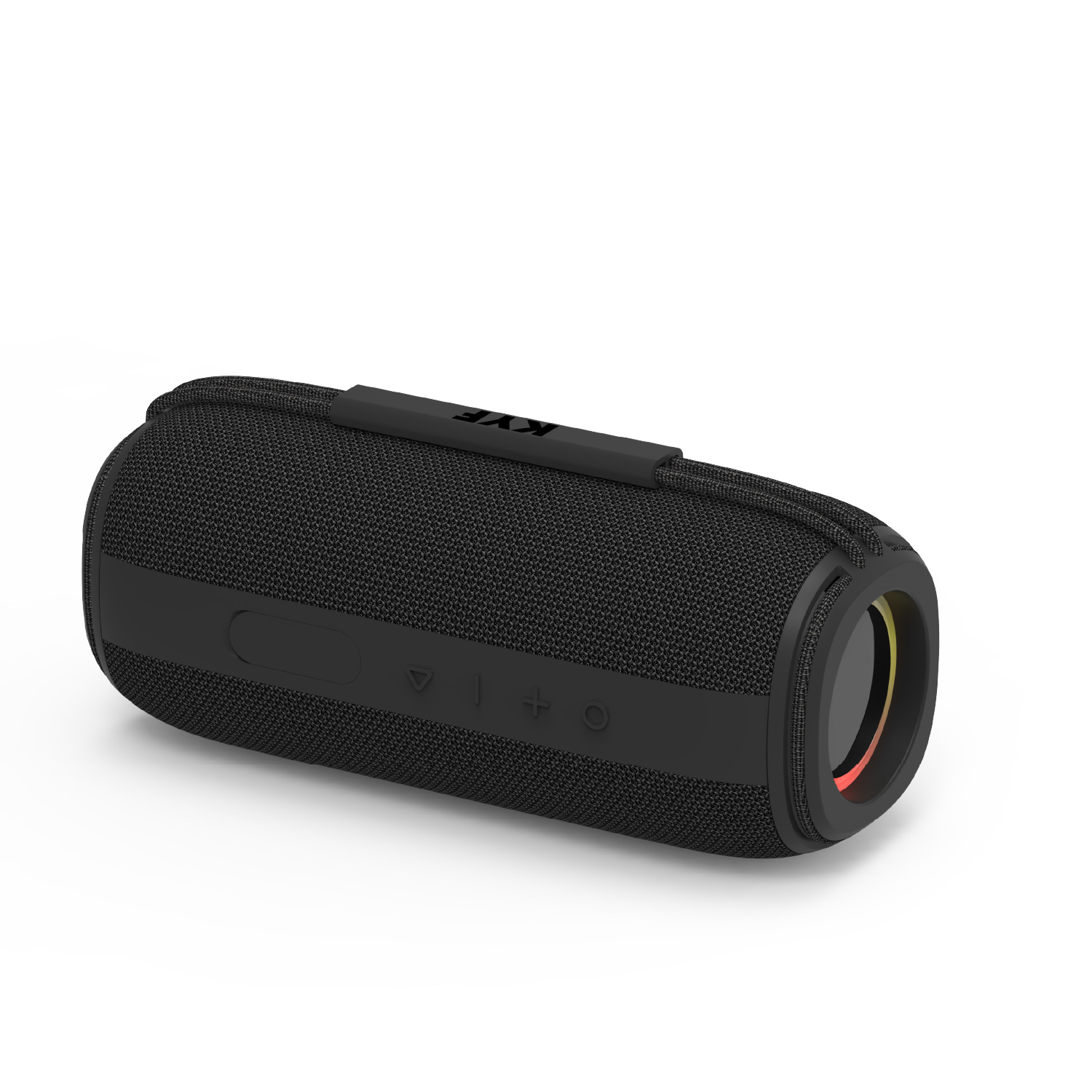 Un altavoz negro cilíndrico con botones de control. Tiene un asa en la parte superior. El altavoz tiene una textura de malla.