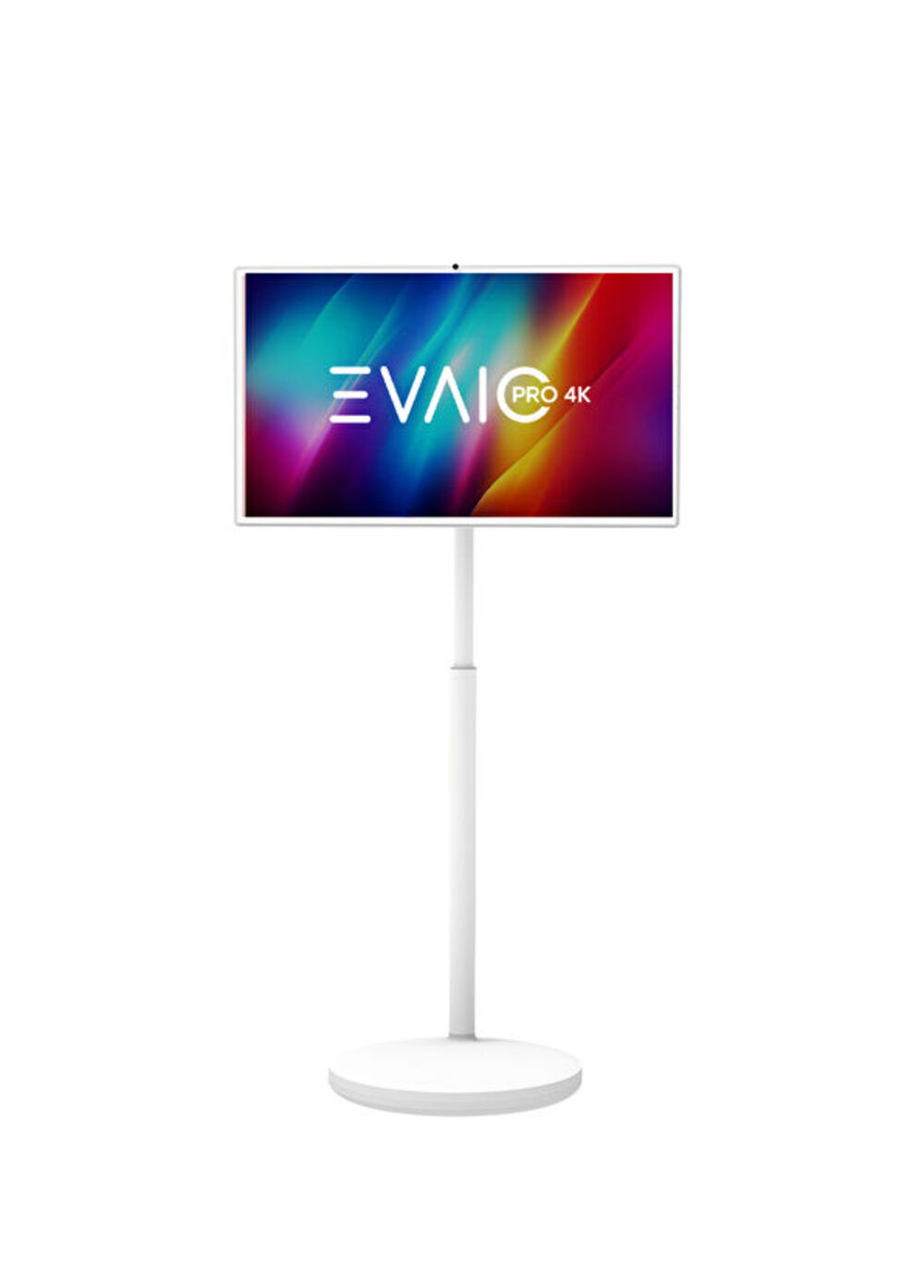 Renkli bir arka plan üzerinde 'EVAIC PRO 4K' gösteren bir ekranı olan beyaz bir TV standı. Modern, minimalist bir tasarım.
